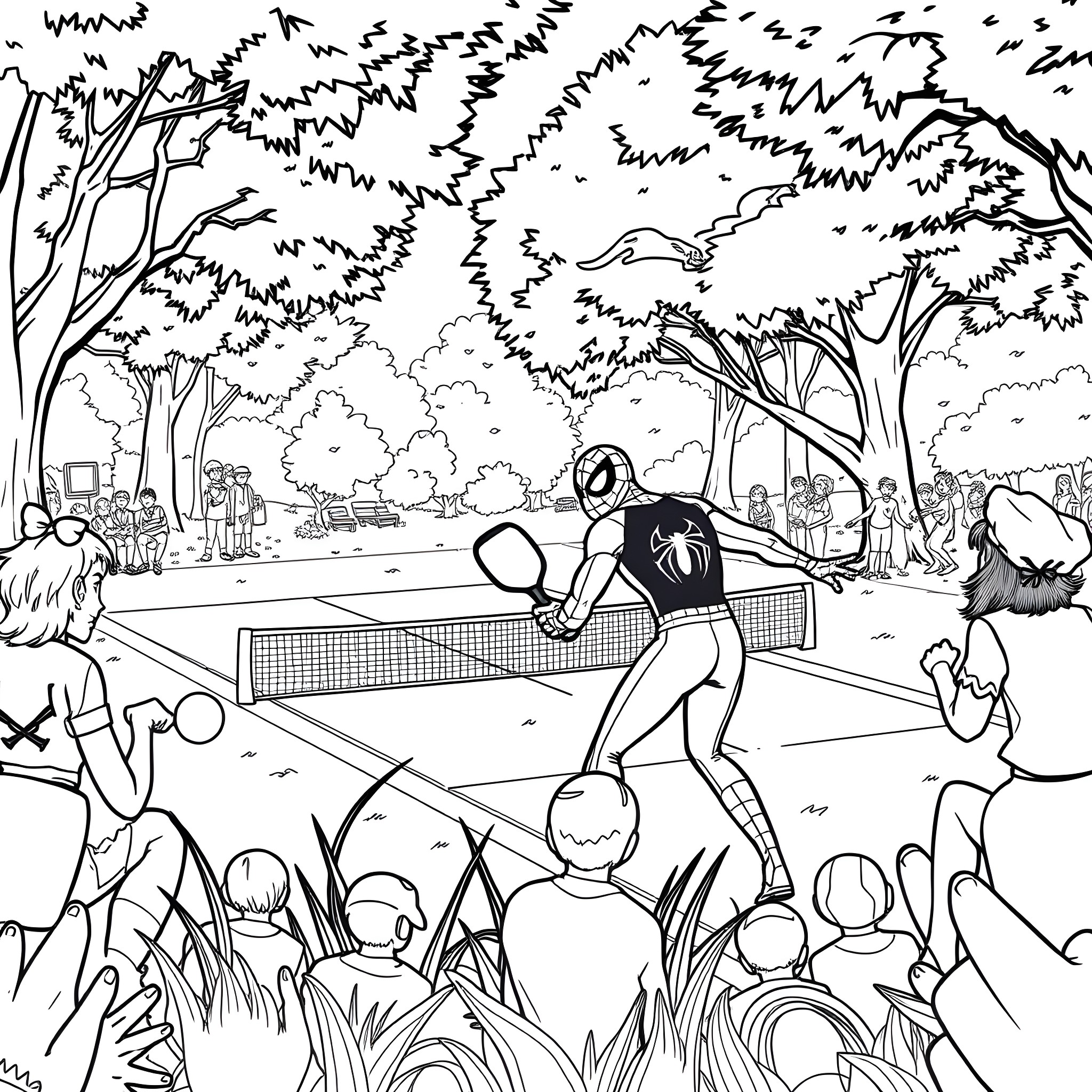 Spidey swinging in web-slinging action at park Coloring Page (free black-and-white line drawing printable PDF for all, from beginners to advanced learners, including children, teens, adults, and seniors)