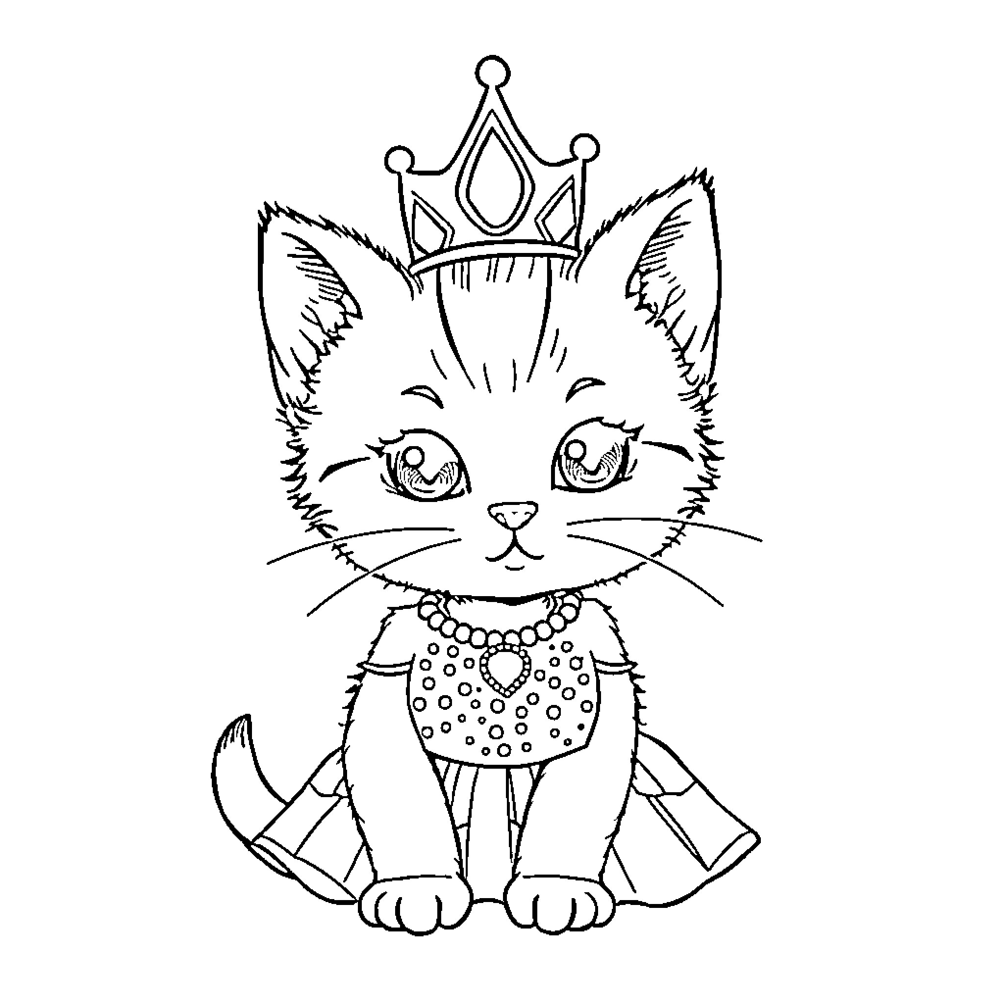 Princess Kitty in Regal Attire Coloring Page (free black-and-white line drawing printable PDF for all, from beginners to advanced learners, including children, teens, adults, and seniors)