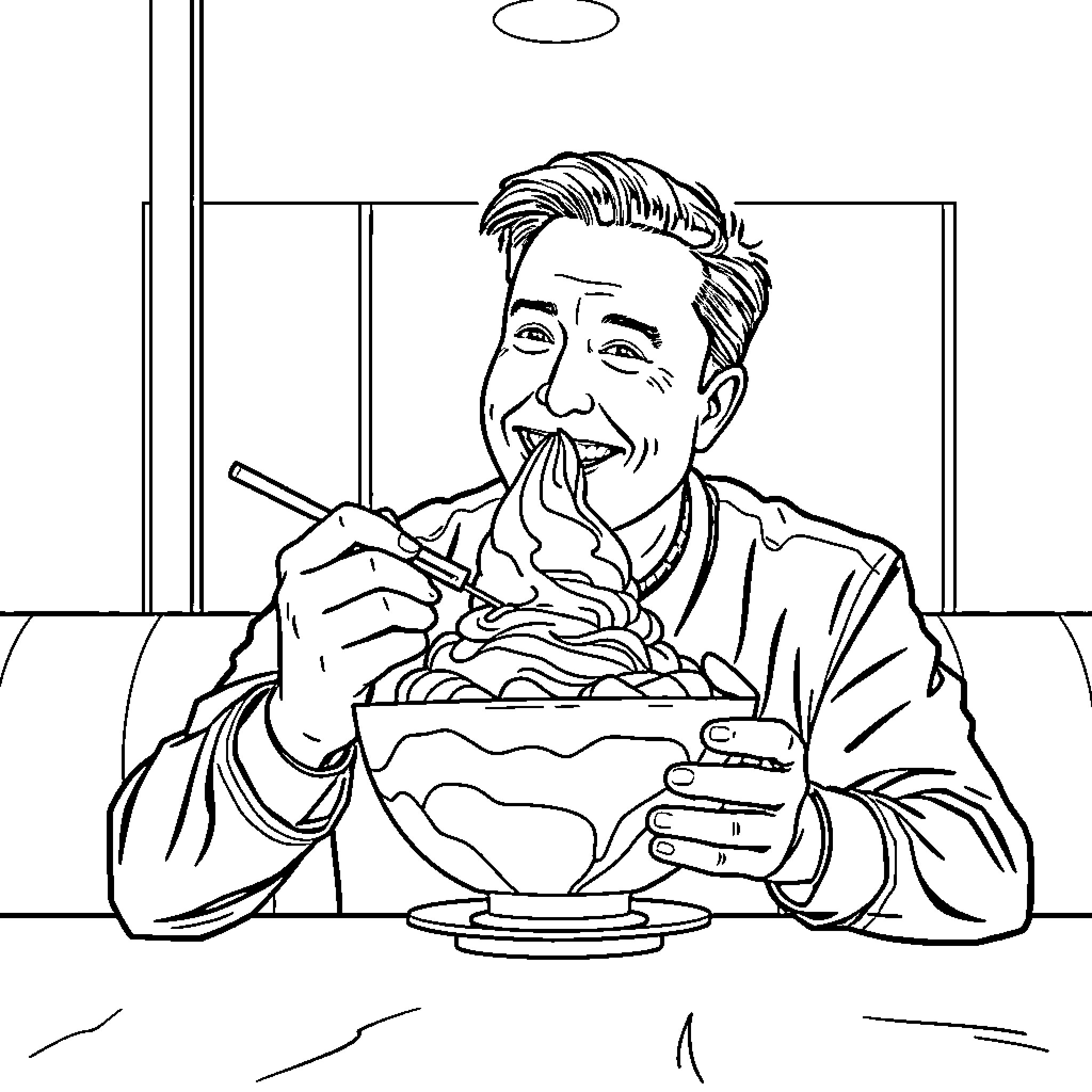 Elon Musk Enjoying a Delicious Meal Coloring Page (free black-and-white line drawing printable PDF for all, from beginners to advanced learners, including children, teens, adults, and seniors)