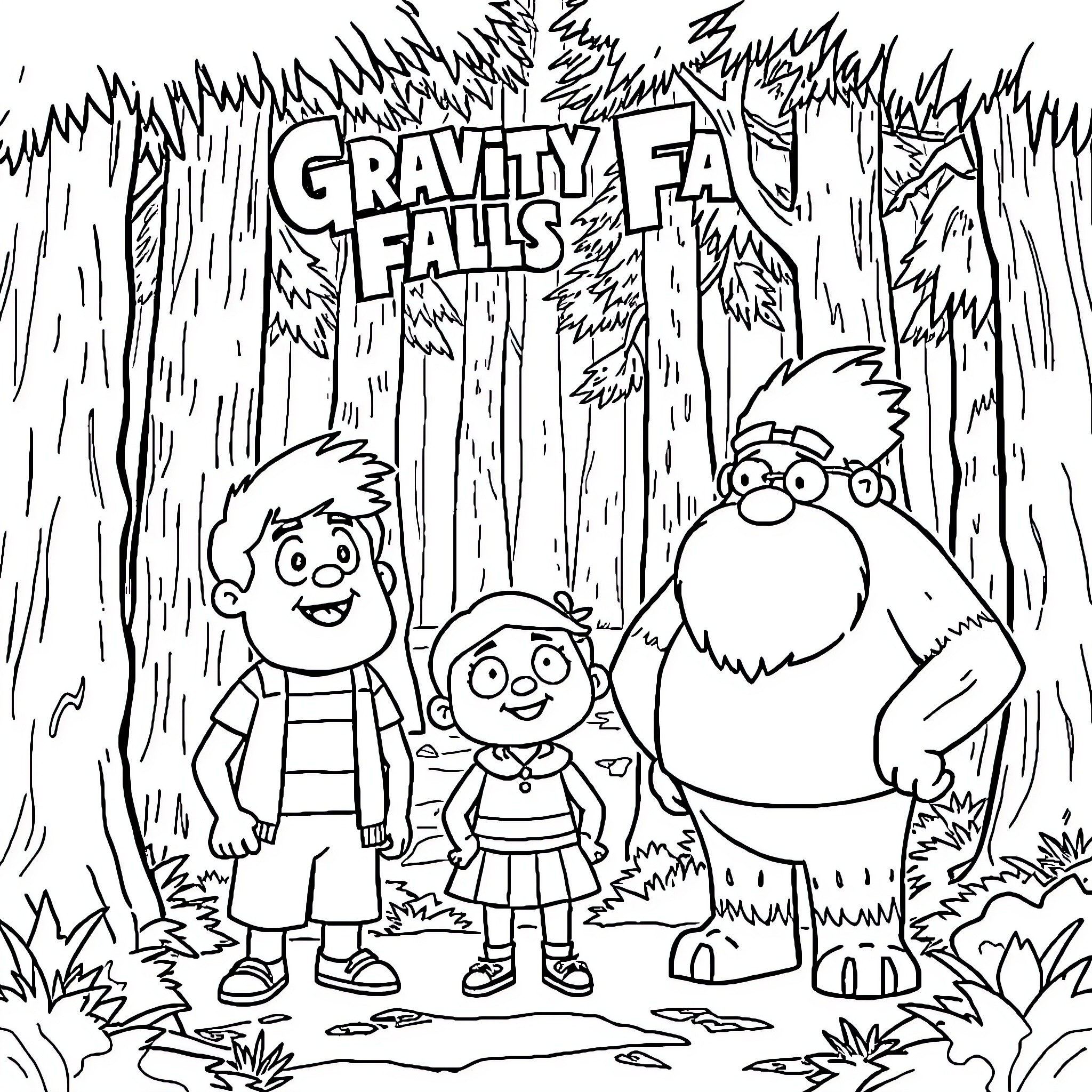 Gravity Falls Characters in the Enchanted Forest Coloring Page (free black-and-white line drawing printable PDF for all, from beginners to advanced learners, including children, teens, adults, and seniors)