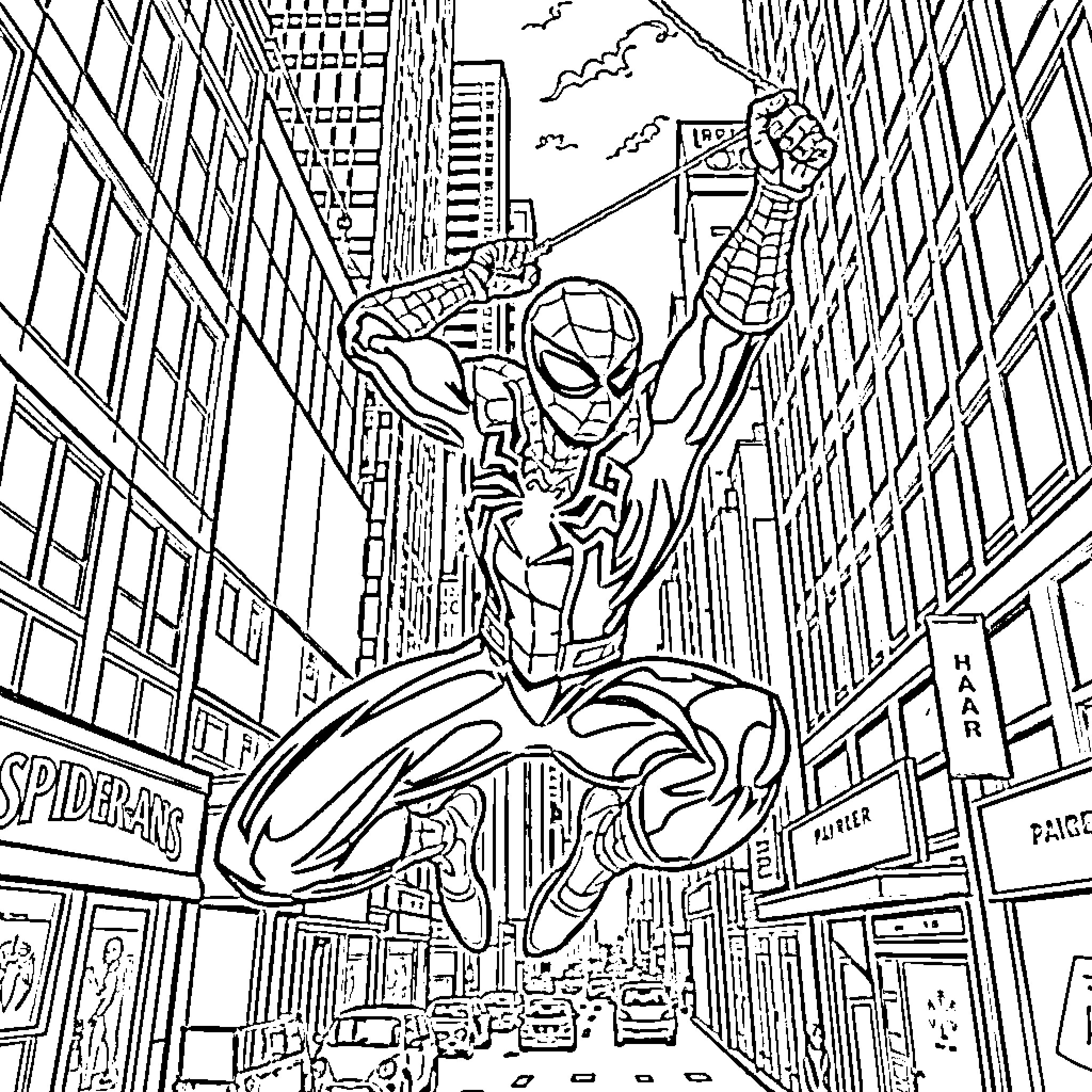 Spiderman swinging through the city skyline Coloring Page (free black-and-white line drawing printable PDF for all, from beginners to advanced learners, including children, teens, adults, and seniors)