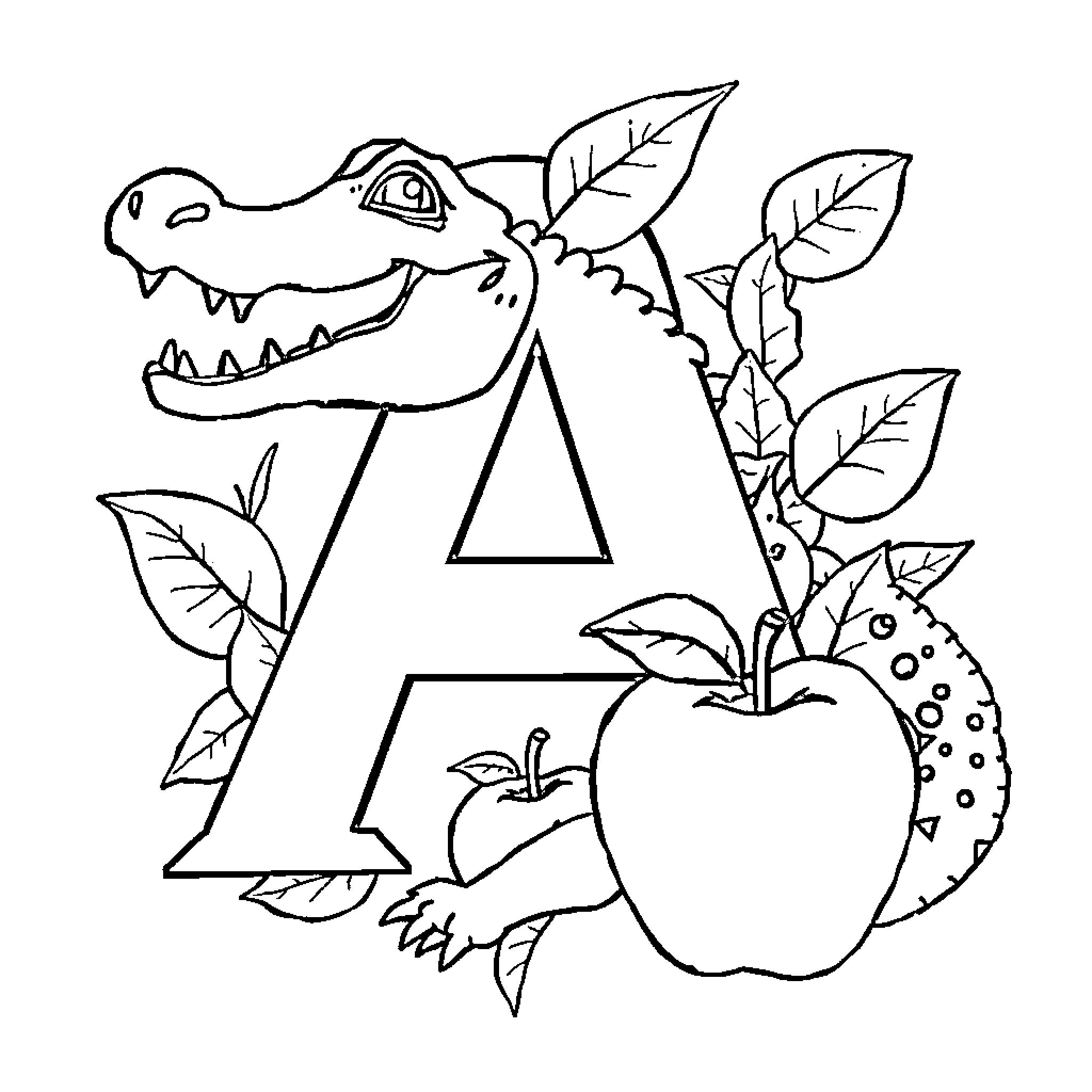 Letter A with Alligator and Apple Illustration Coloring Page (free black-and-white line drawing printable PDF for all, from beginners to advanced learners, including children, teens, adults, and seniors)