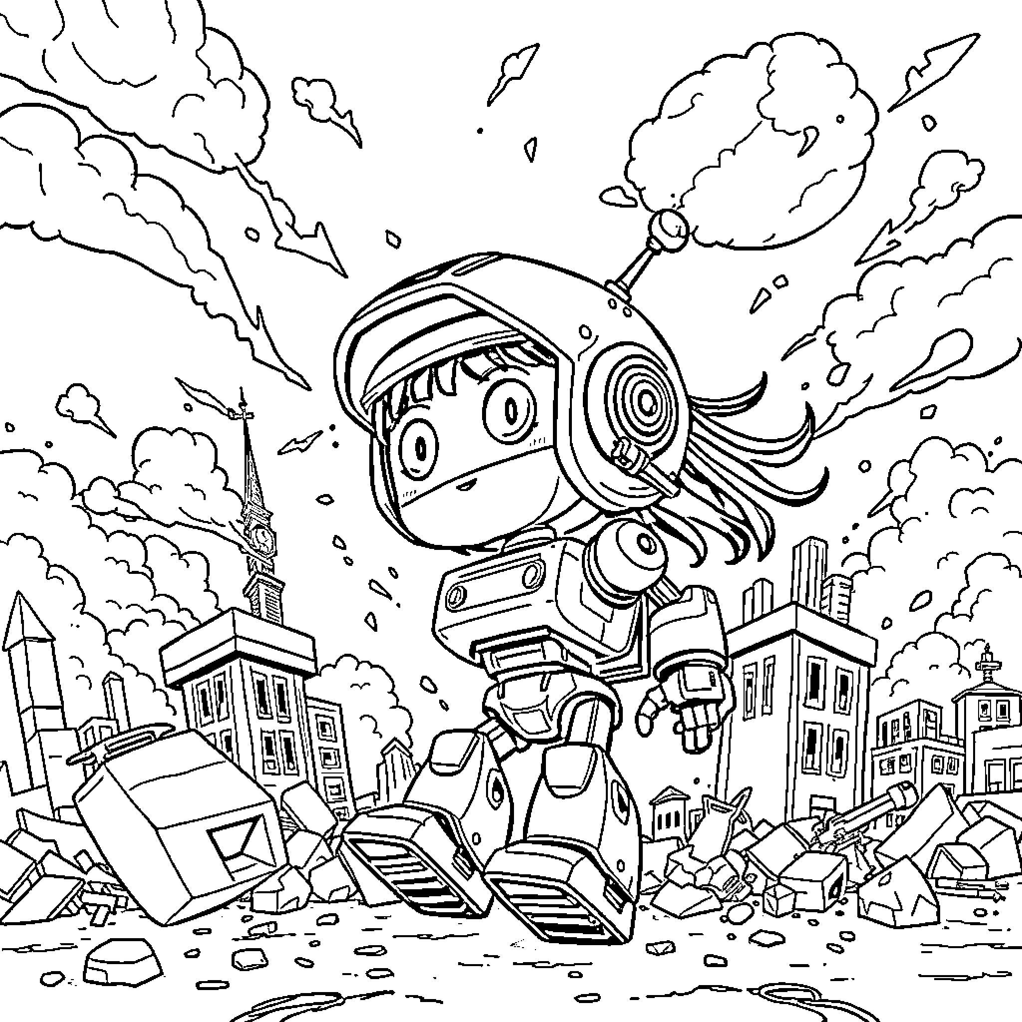 Arale's Explosive Adventure in the City Coloring Page (free black-and-white line drawing printable PDF for all, from beginners to advanced learners, including children, teens, adults, and seniors)