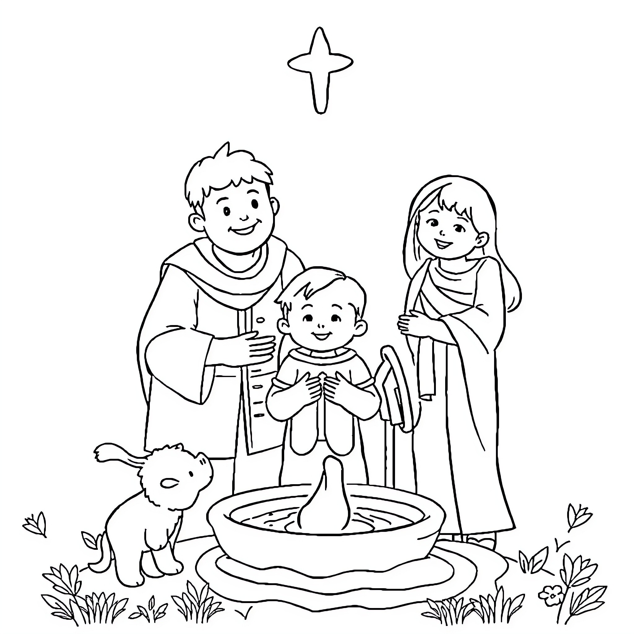 Bear Family Baptizing a Child in Nature Coloring Page (free black-and-white line drawing printable PDF for all, from beginners to advanced learners, including children, teens, adults, and seniors)