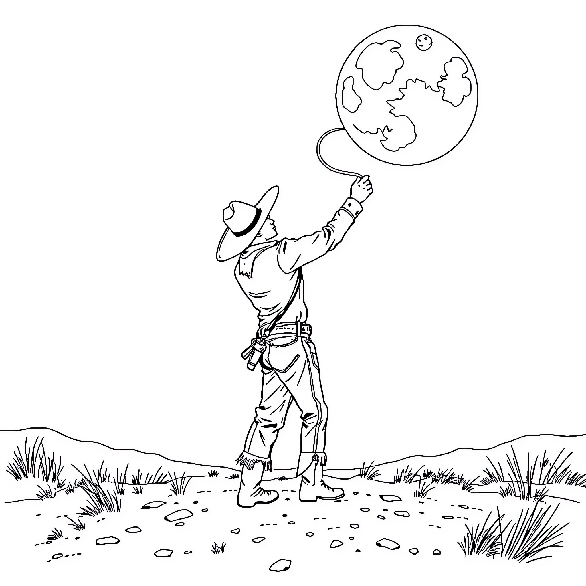 Cowboy exploring the world with a globe Coloring Page (free black-and-white line drawing printable PDF for all, from beginners to advanced learners, including children, teens, adults, and seniors)