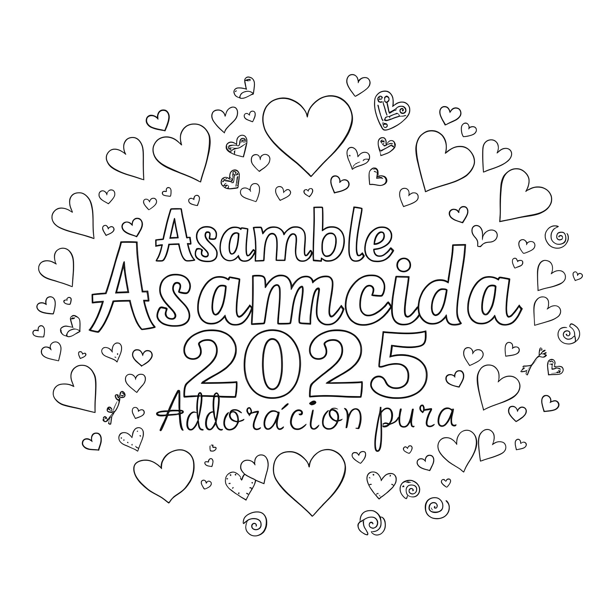 Text with hearts and words in a round design Coloring Page (free black-and-white line drawing printable PDF for all, from beginners to advanced learners, including children, teens, adults, and seniors)