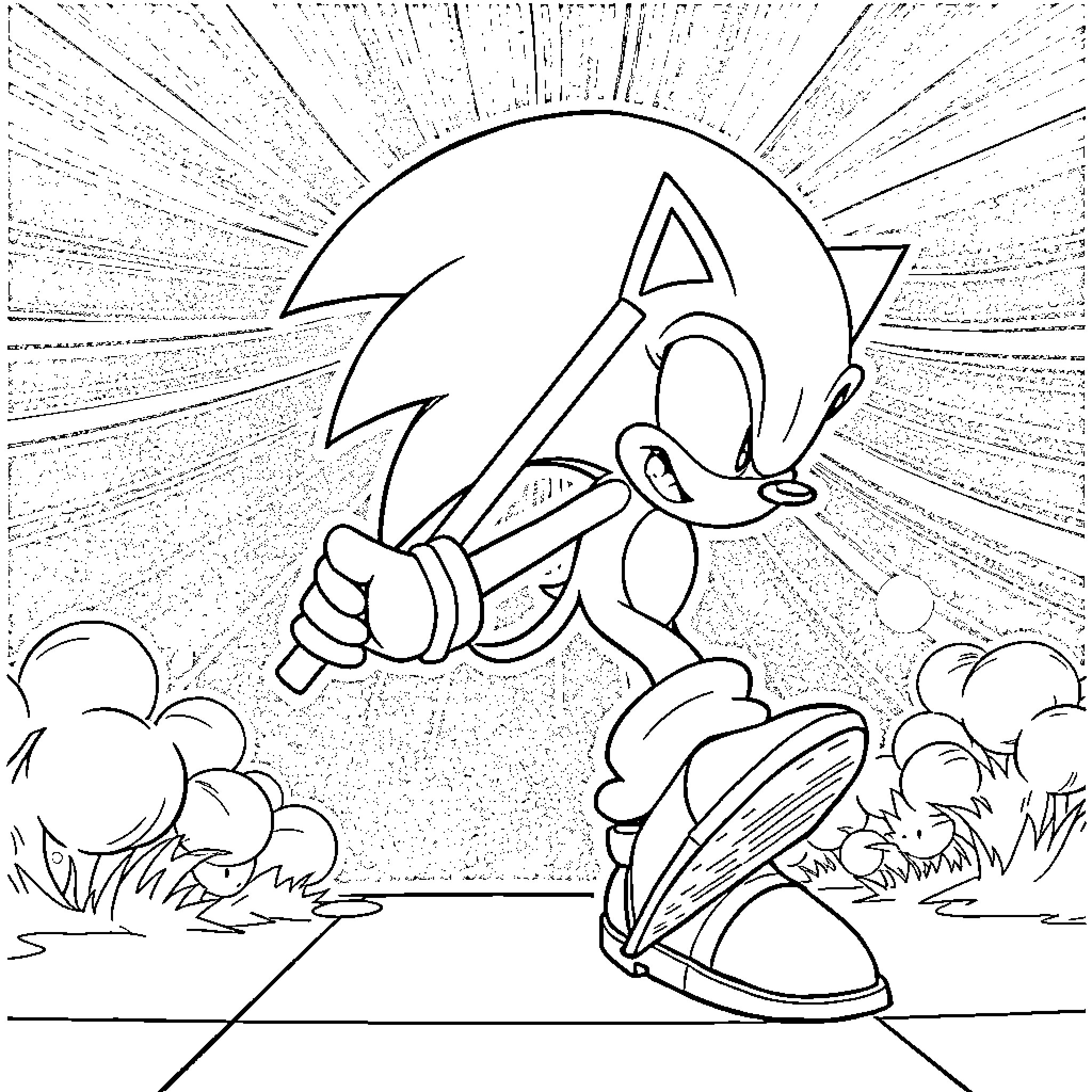 Sonic running with determination through the landscape Coloring Page (free black-and-white line drawing printable PDF for all, from beginners to advanced learners, including children, teens, adults, and seniors)