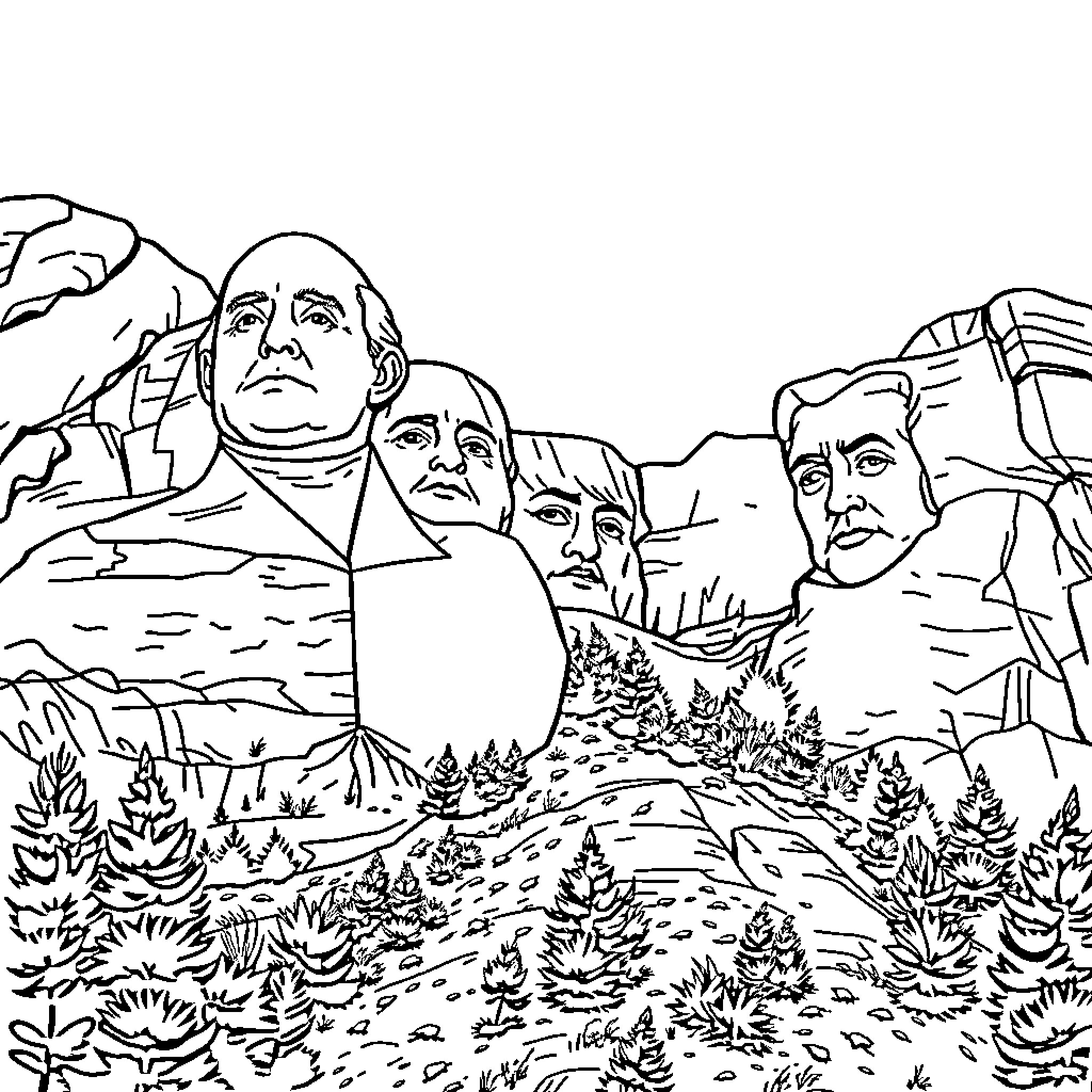 Mount Rushmore monument depicting presidential figures Coloring Page (free black-and-white line drawing printable PDF for all, from beginners to advanced learners, including children, teens, adults, and seniors)