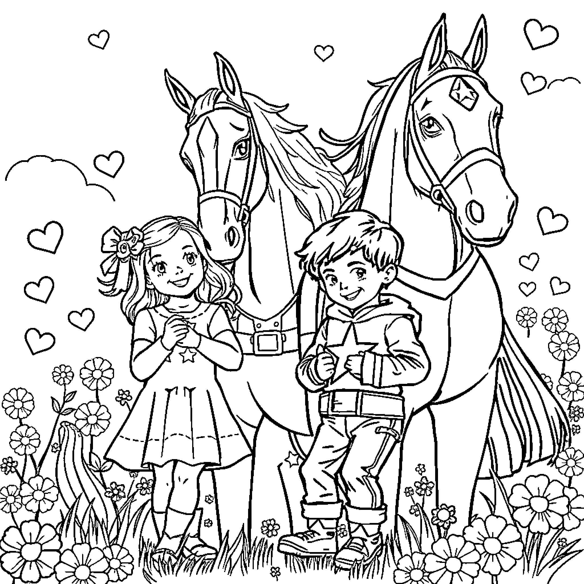 Mother and children with horses in a floral field Coloring Page (free black-and-white line drawing printable PDF for all, from beginners to advanced learners, including children, teens, adults, and seniors)