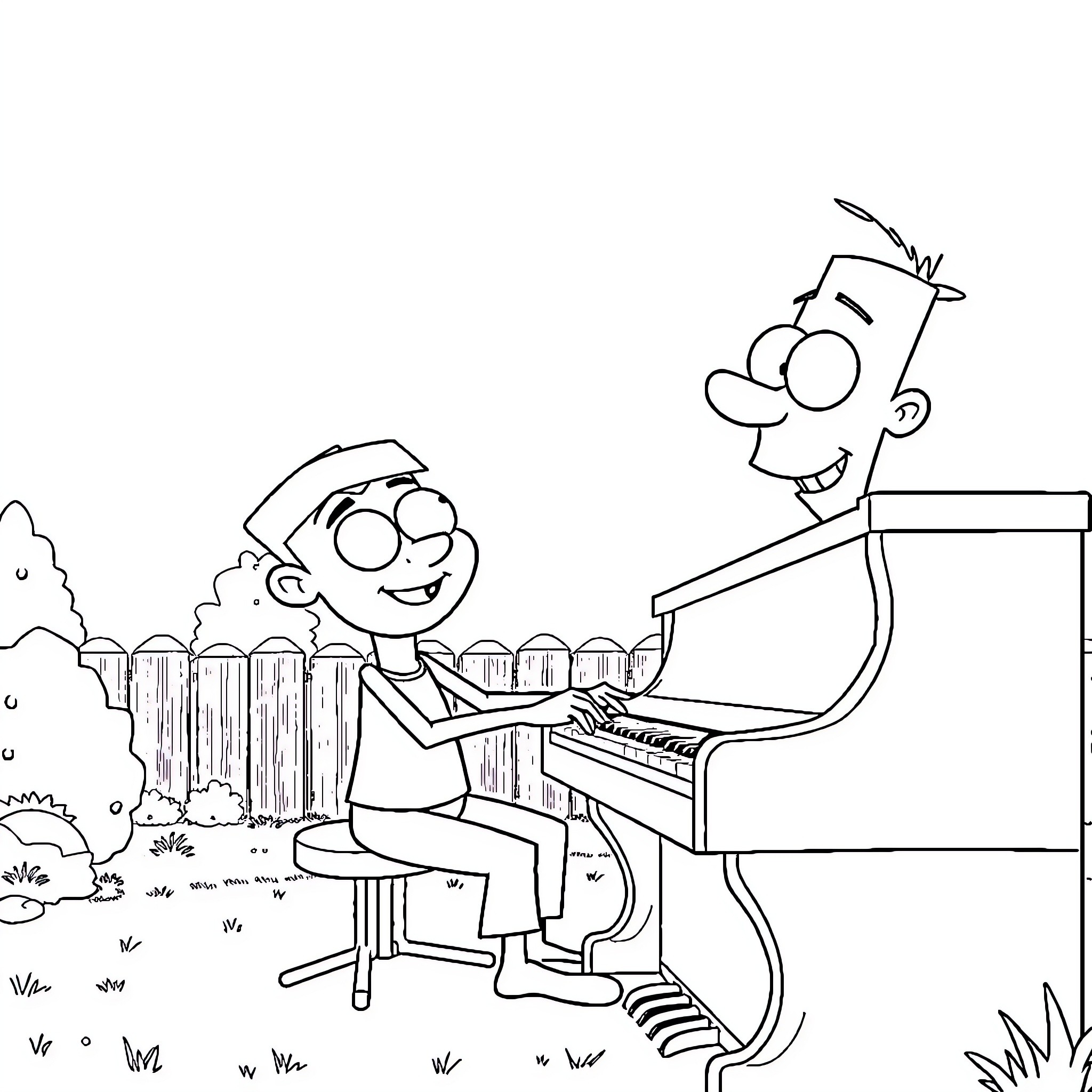 Phineas and Ferb playing piano together in the backyard Coloring Page (free black-and-white line drawing printable PDF for all, from beginners to advanced learners, including children, teens, adults, and seniors)