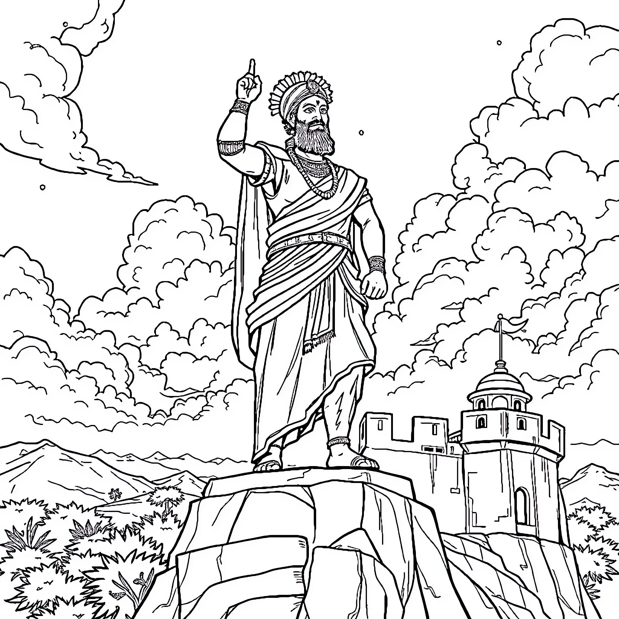 Shivaji Maharaj Ascends to the Throne Coloring Page (free black-and-white line drawing printable PDF for all, from beginners to advanced learners, including children, teens, adults, and seniors)
