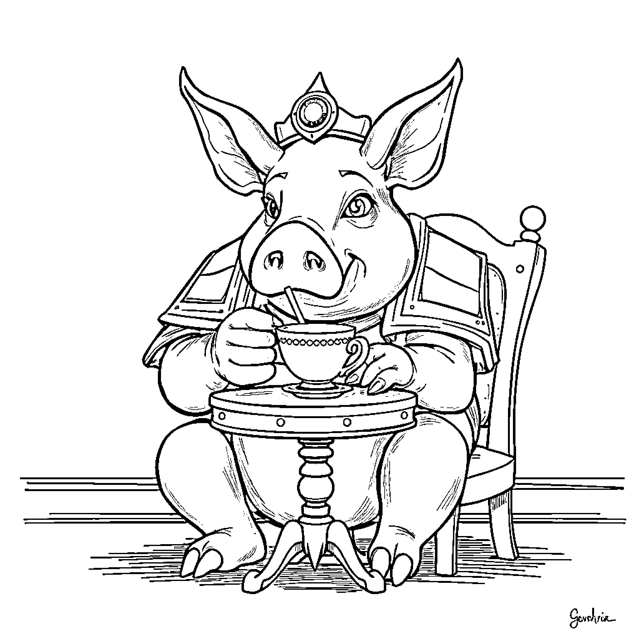 Pork enjoying a hot beverage at a fancy table Coloring Page (free black-and-white line drawing printable PDF for all, from beginners to advanced learners, including children, teens, adults, and seniors)