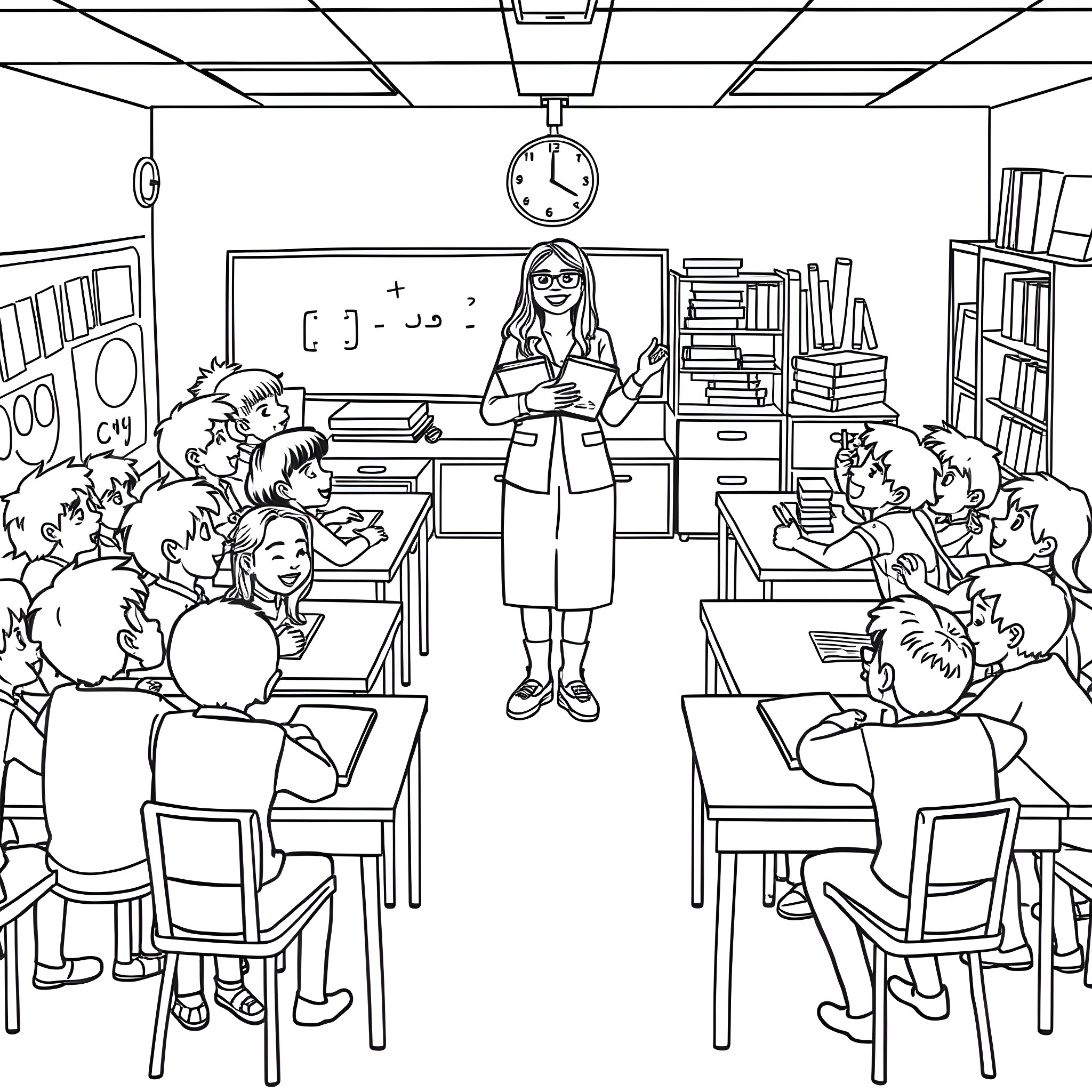 Class Engaged Students in Classroom Setting Coloring Page (free black-and-white line drawing printable PDF for all, from beginners to advanced learners, including children, teens, adults, and seniors)