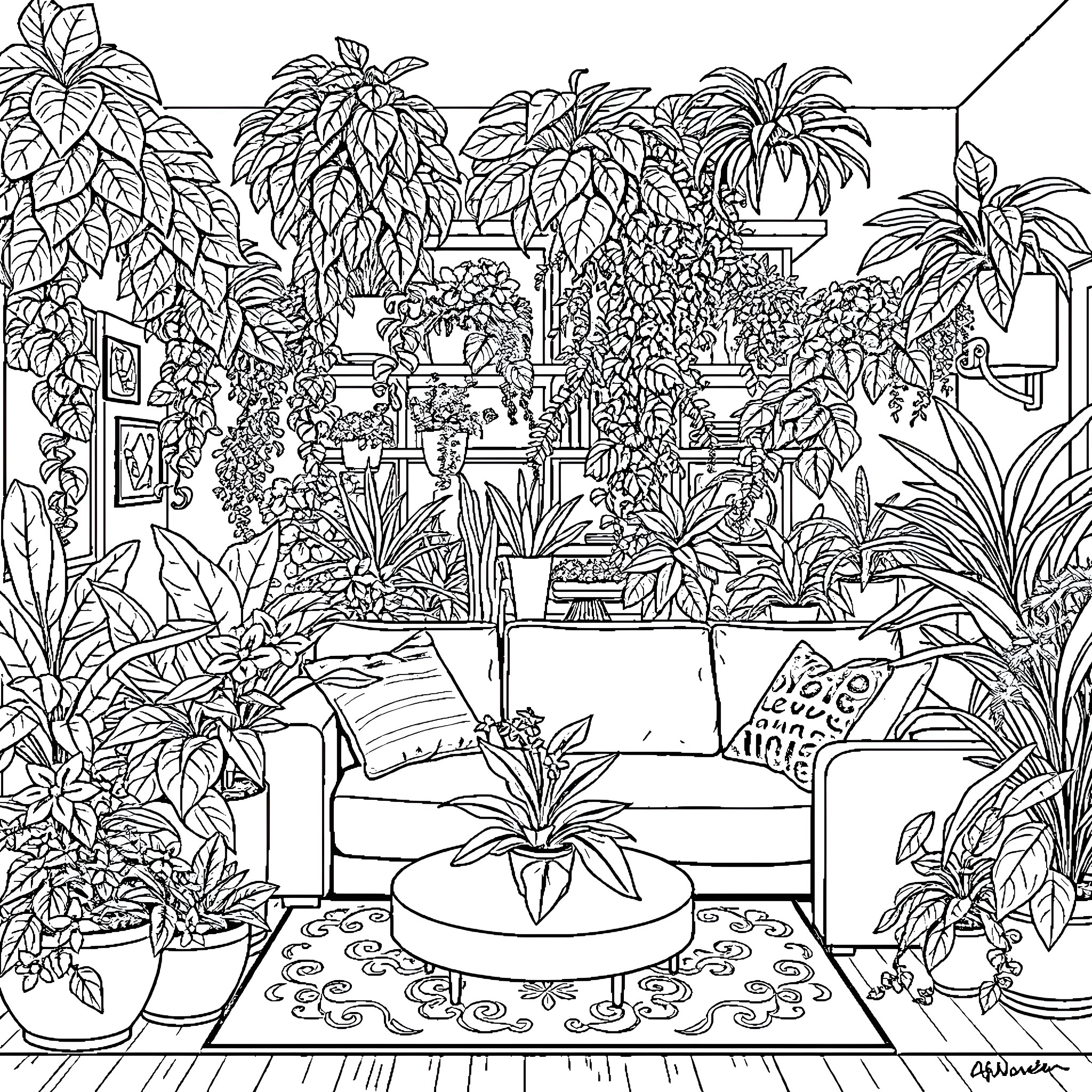 Houseplant Oasis: A Lush Indoor Garden Coloring Page (free black-and-white line drawing printable PDF for all, from beginners to advanced learners, including children, teens, adults, and seniors)