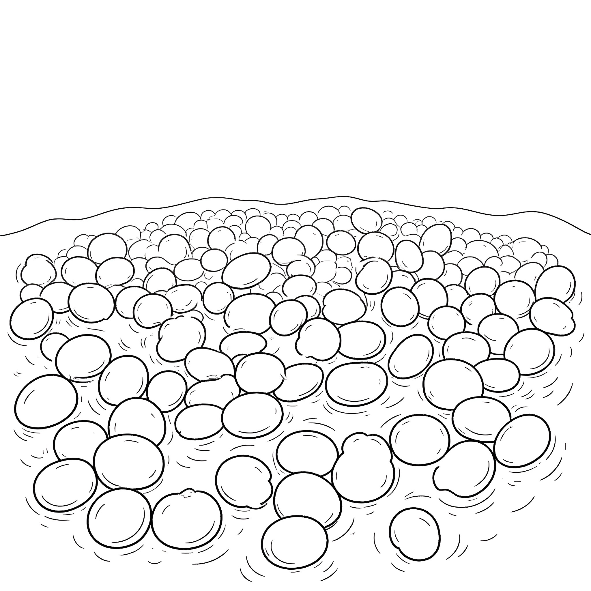 Jelly Bean Pebbles in a Shallow Stream Coloring Page (free black-and-white line drawing printable PDF for all, from beginners to advanced learners, including children, teens, adults, and seniors)