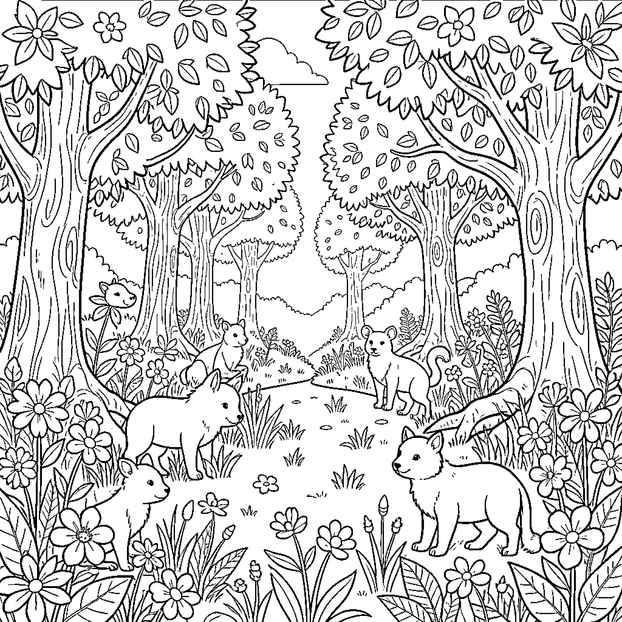 Nature's Enchanted Garden: A Whimsical Woodland Scene Coloring Page (free black-and-white line drawing printable PDF for all, from beginners to advanced learners, including children, teens, adults, and seniors)