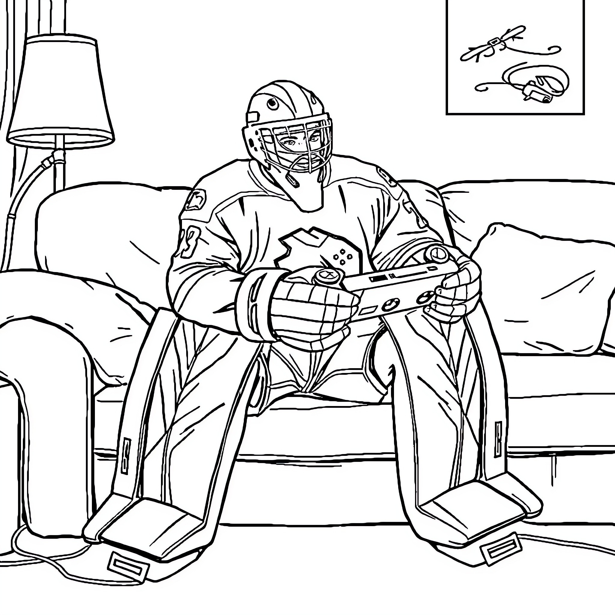 Hockey Goalie Relaxing on the Couch Coloring Page (free black-and-white line drawing printable PDF for all, from beginners to advanced learners, including children, teens, adults, and seniors)