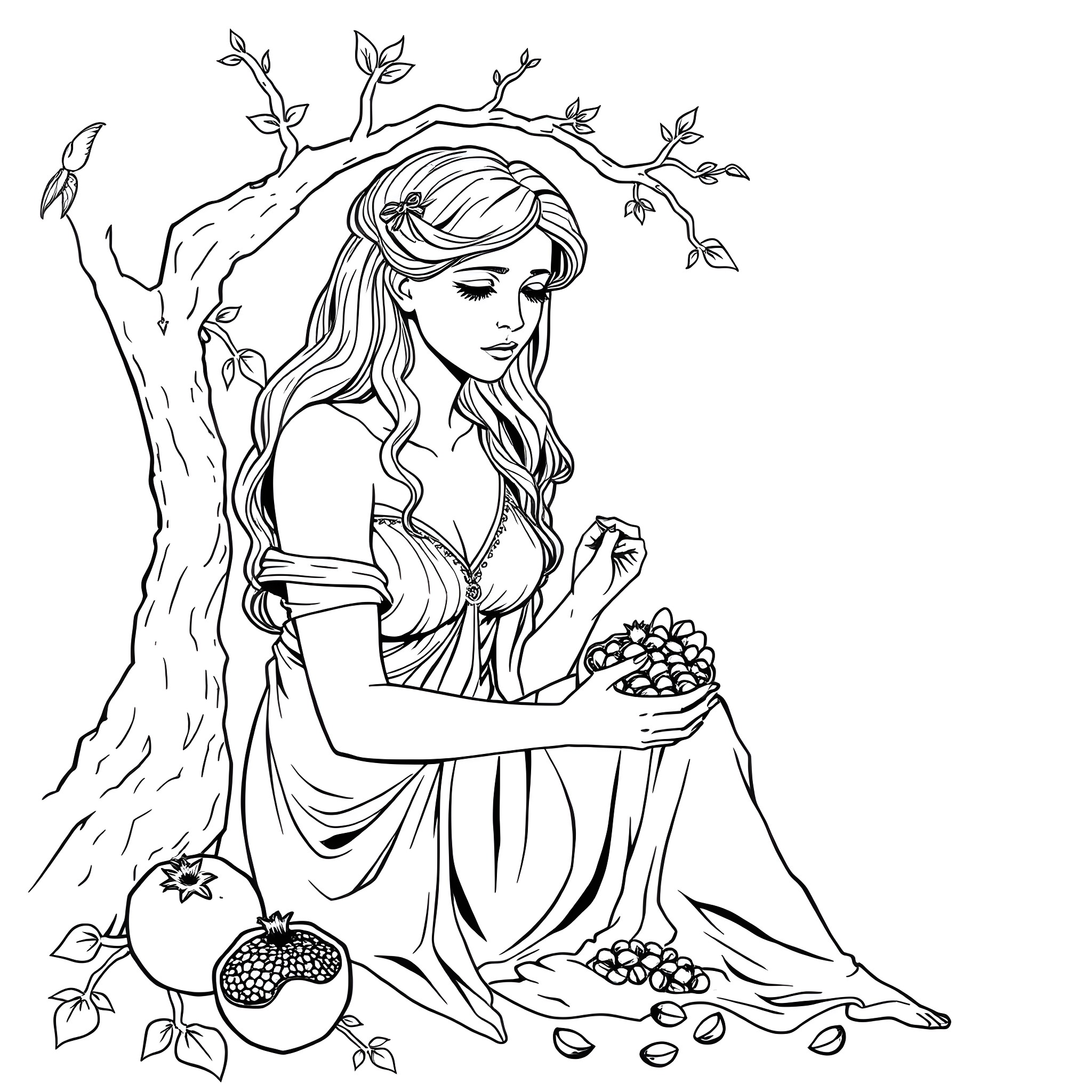 Persephone, the Goddess of Spring, Gathering Pomegranates Coloring Page (free black-and-white line drawing printable PDF for all, from beginners to advanced learners, including children, teens, adults, and seniors)