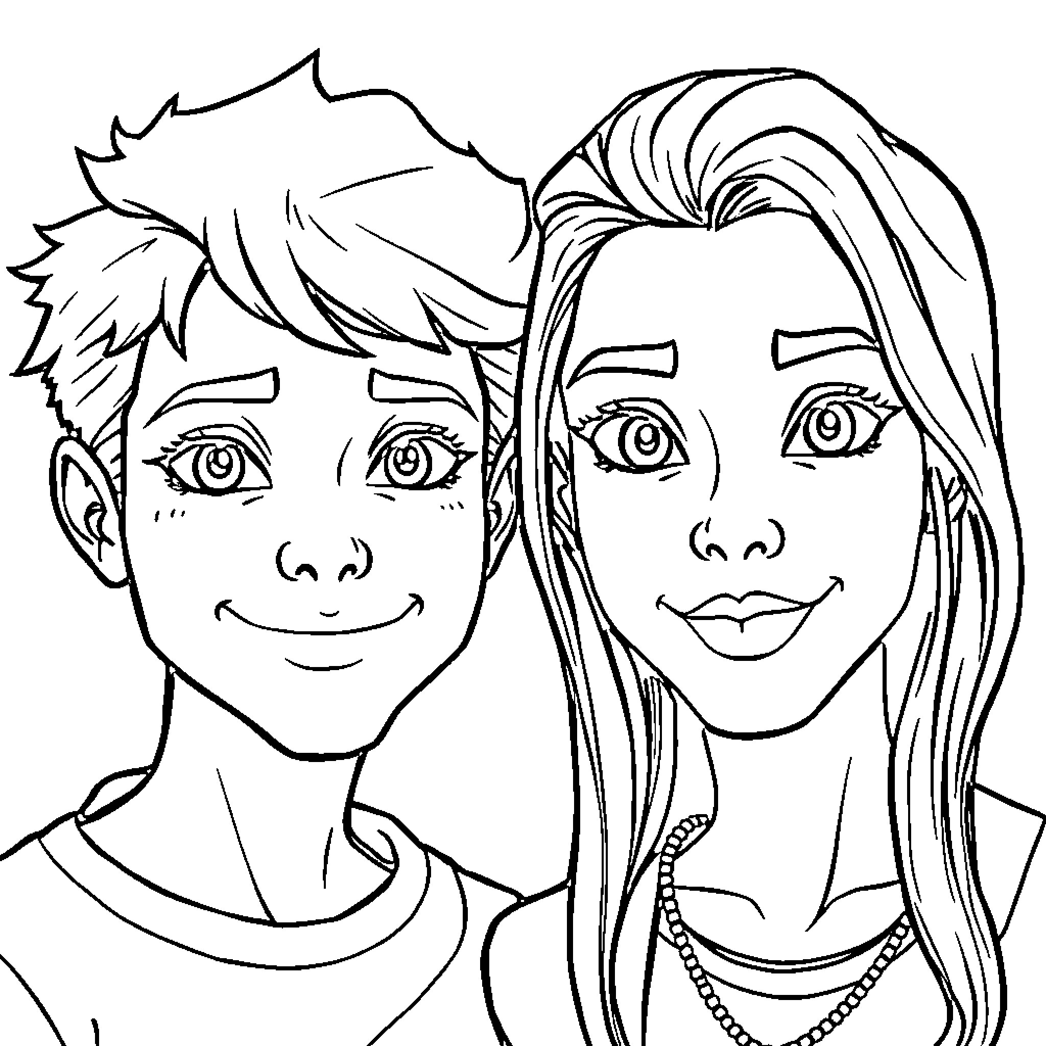 Human Pair Smiling in Sketch Drawing Coloring Page (free black-and-white line drawing printable PDF for all, from beginners to advanced learners, including children, teens, adults, and seniors)