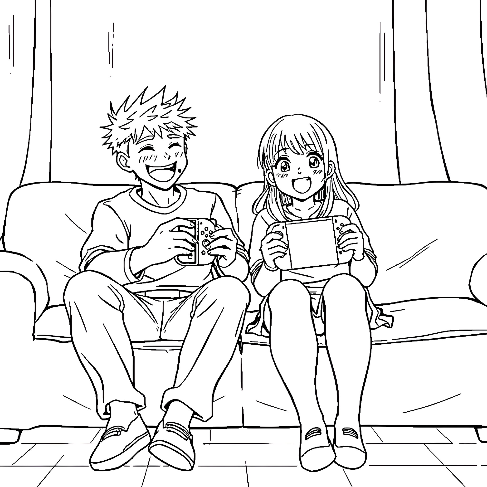 Ninji friends sharing a fun moment together Coloring Page (free black-and-white line drawing printable PDF for all, from beginners to advanced learners, including children, teens, adults, and seniors)