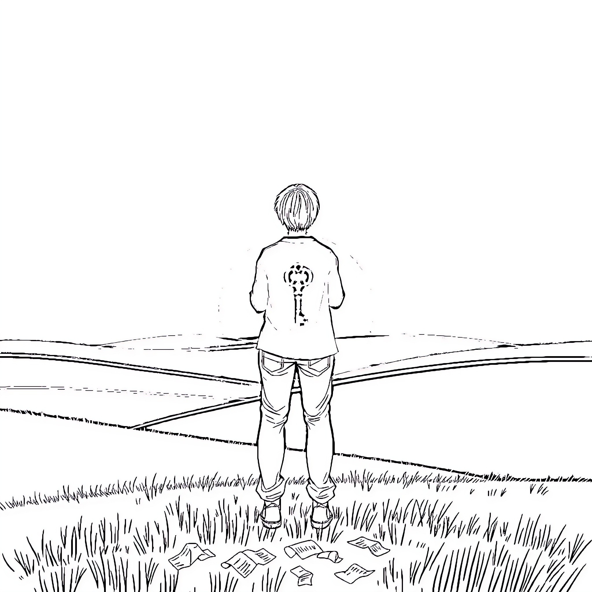 Key Person Standing in Grassy Field Coloring Page (free black-and-white line drawing printable PDF for all, from beginners to advanced learners, including children, teens, adults, and seniors)