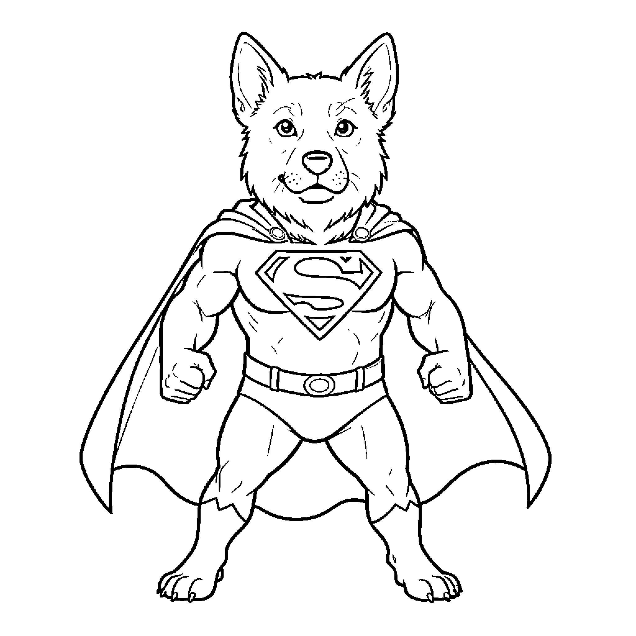 Superman Dog standing heroically in a superhero costume Coloring Page (free black-and-white line drawing printable PDF for all, from beginners to advanced learners, including children, teens, adults, and seniors)