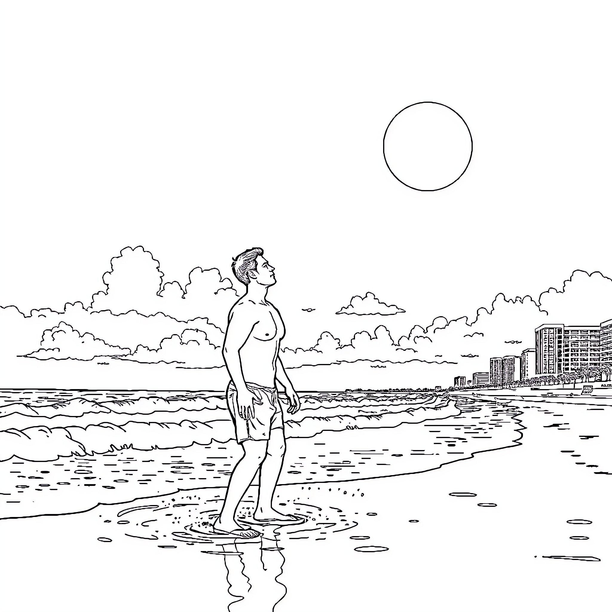Surfer enjoying the peaceful beach scenery Coloring Page (free black-and-white line drawing printable PDF for all, from beginners to advanced learners, including children, teens, adults, and seniors)