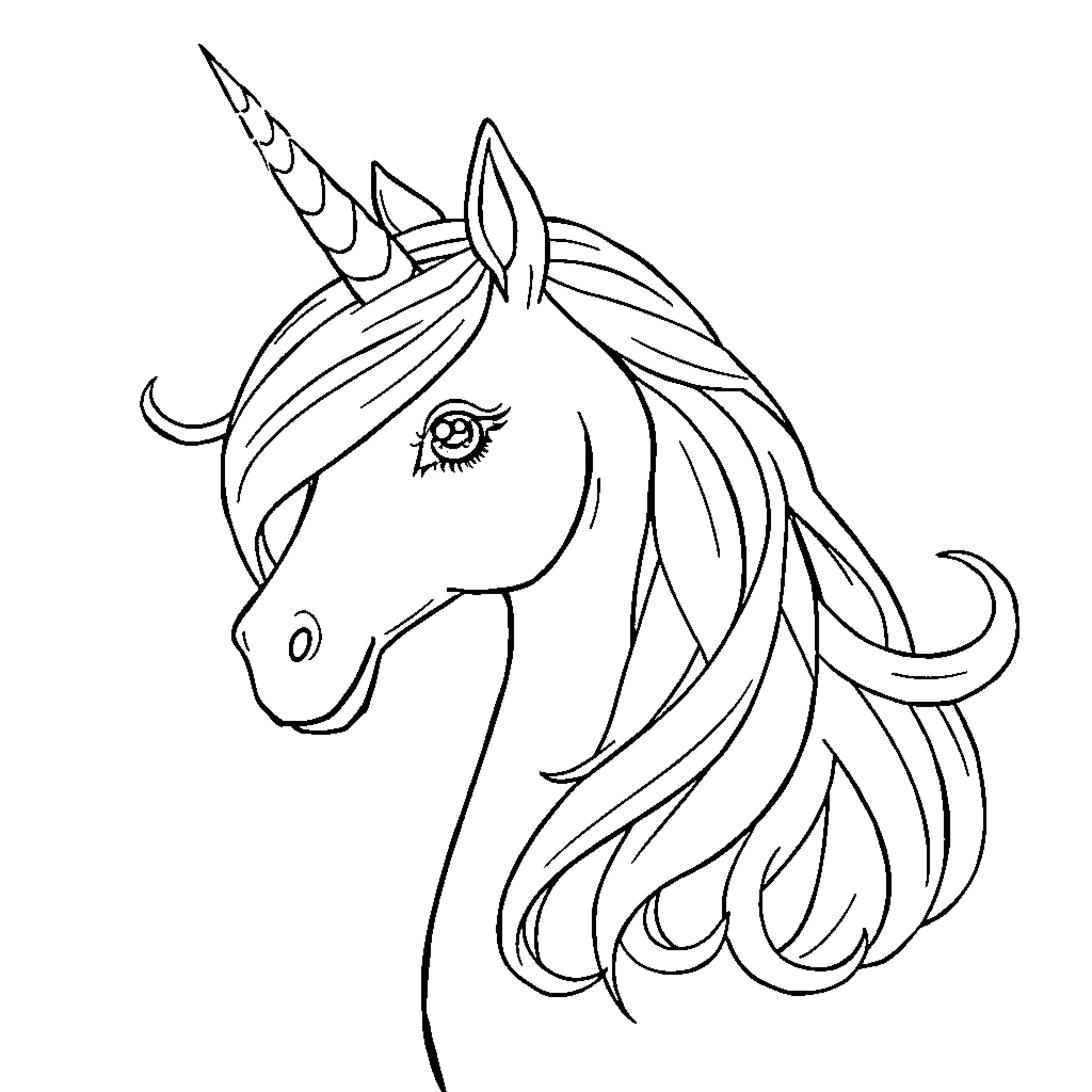 Unicorn with flowing mane and horn Coloring Page (free black-and-white line drawing printable PDF for all, from beginners to advanced learners, including children, teens, adults, and seniors)