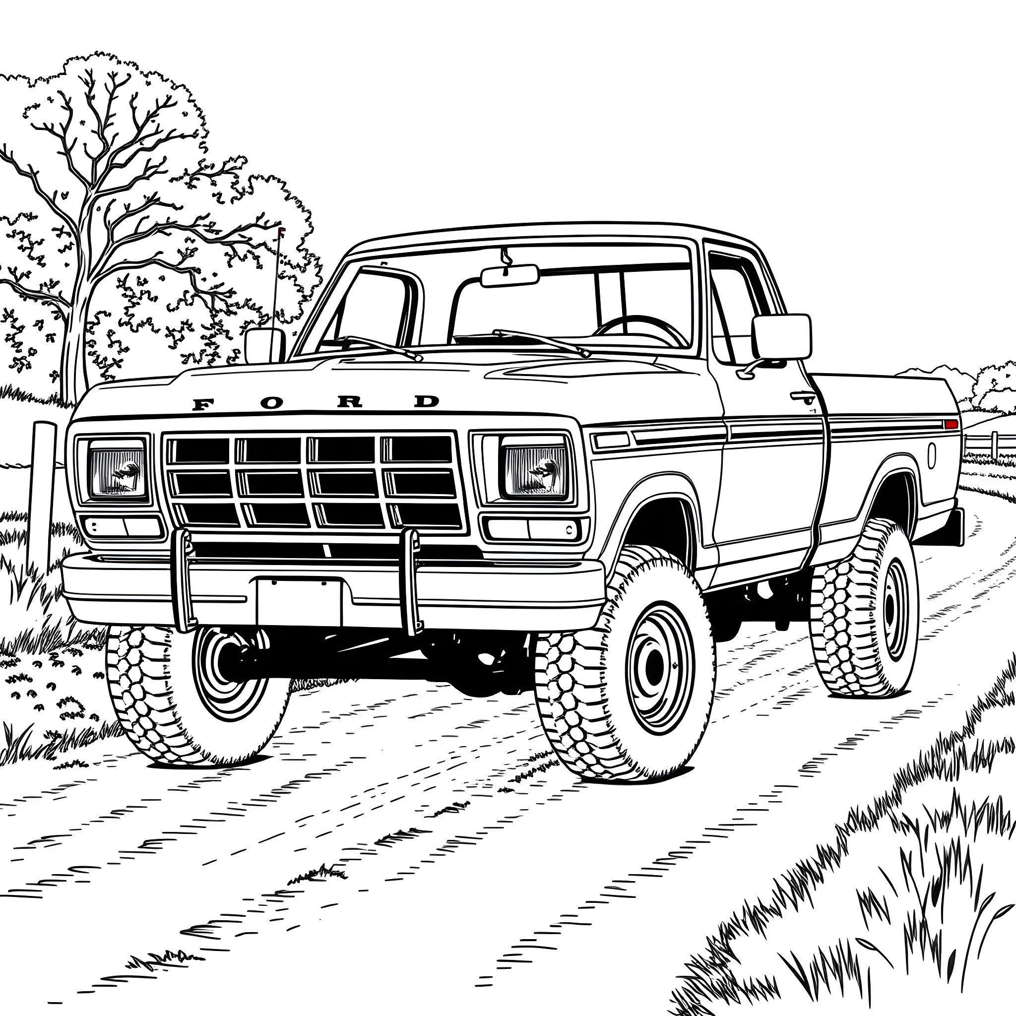 Ford truck off-roading in the countryside Coloring Page (free black-and-white line drawing printable PDF for all, from beginners to advanced learners, including children, teens, adults, and seniors)