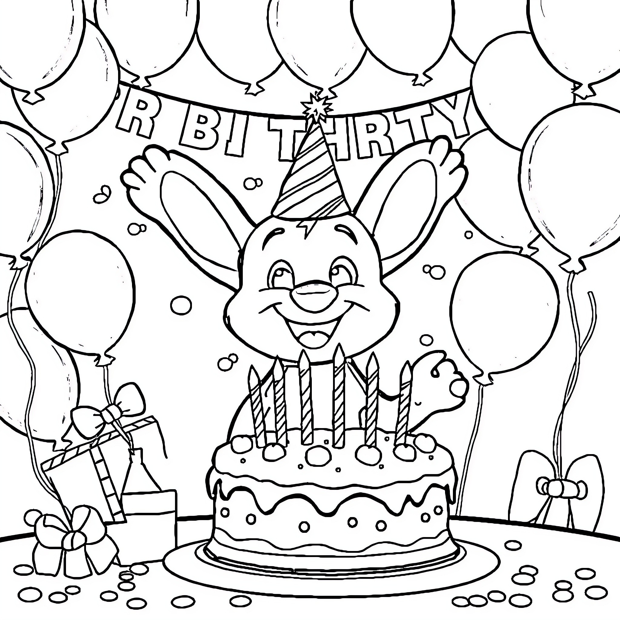 Bluey's Birthday Celebration with Balloons and Cake Coloring Page (free black-and-white line drawing printable PDF for all, from beginners to advanced learners, including children, teens, adults, and seniors)