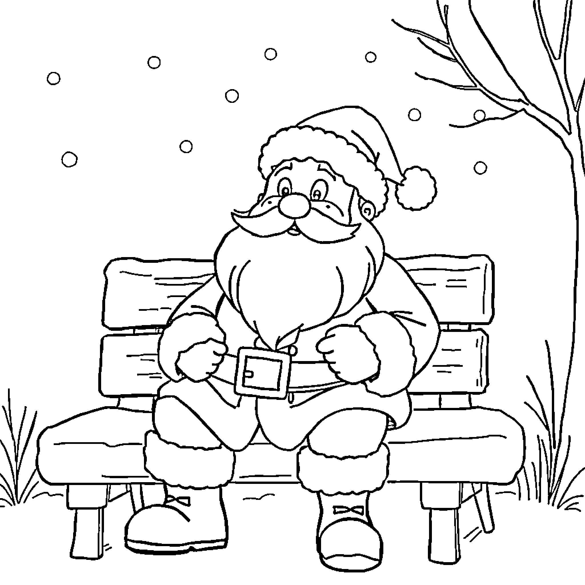 Santa relaxing on a bench in the winter Coloring Page (free black-and-white line drawing printable PDF for all, from beginners to advanced learners, including children, teens, adults, and seniors)