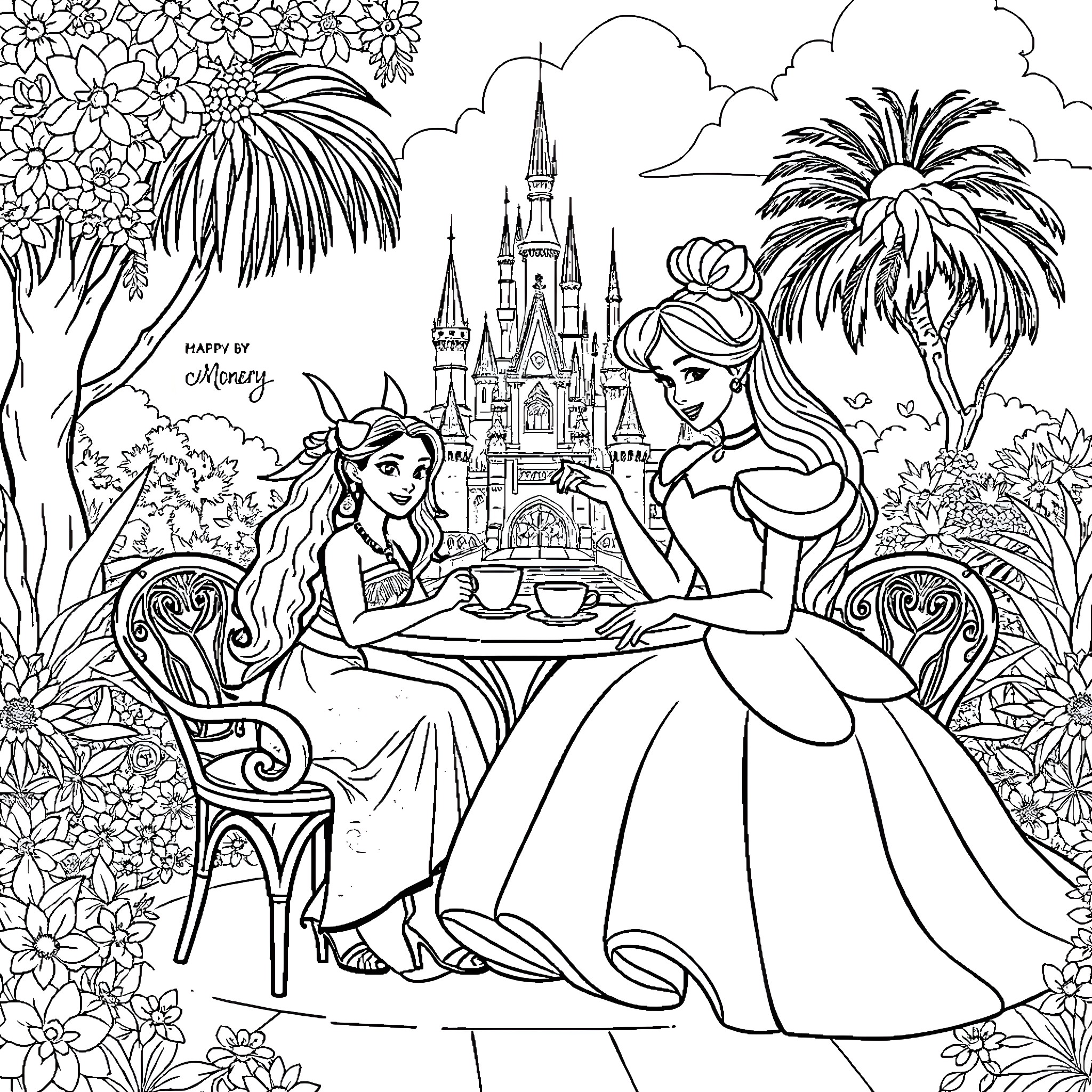 Cinderella's Enchanting Garden Tea Party Coloring Page (free black-and-white line drawing printable PDF for all, from beginners to advanced learners, including children, teens, adults, and seniors)