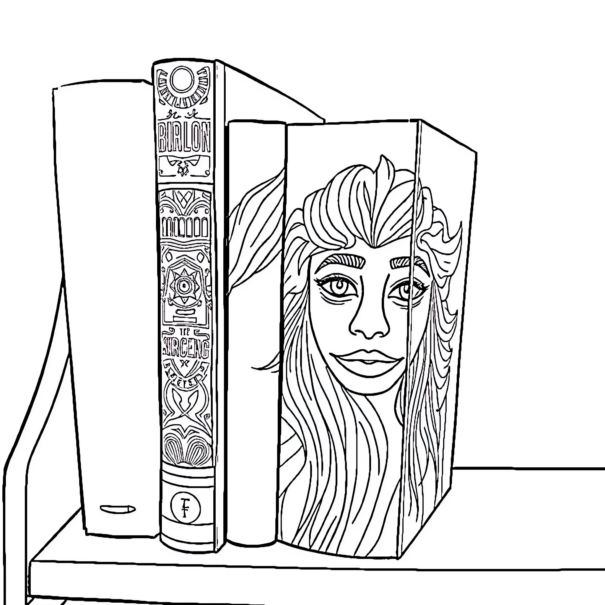 Book Featuring Ornate Artwork and a Woman's Face Coloring Page (free black-and-white line drawing printable PDF for all, from beginners to advanced learners, including children, teens, adults, and seniors)
