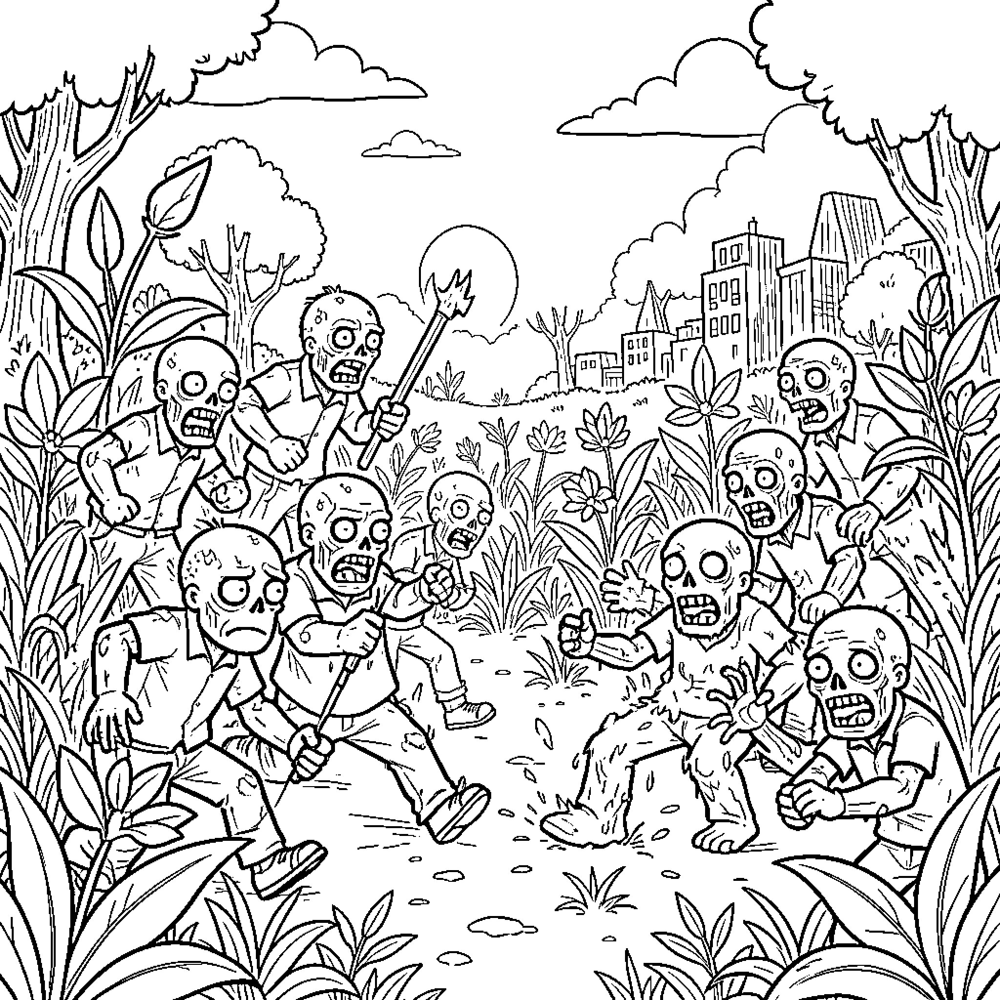 Plant vs Zombie zombies charging through a garden Coloring Page (free black-and-white line drawing printable PDF for all, from beginners to advanced learners, including children, teens, adults, and seniors)