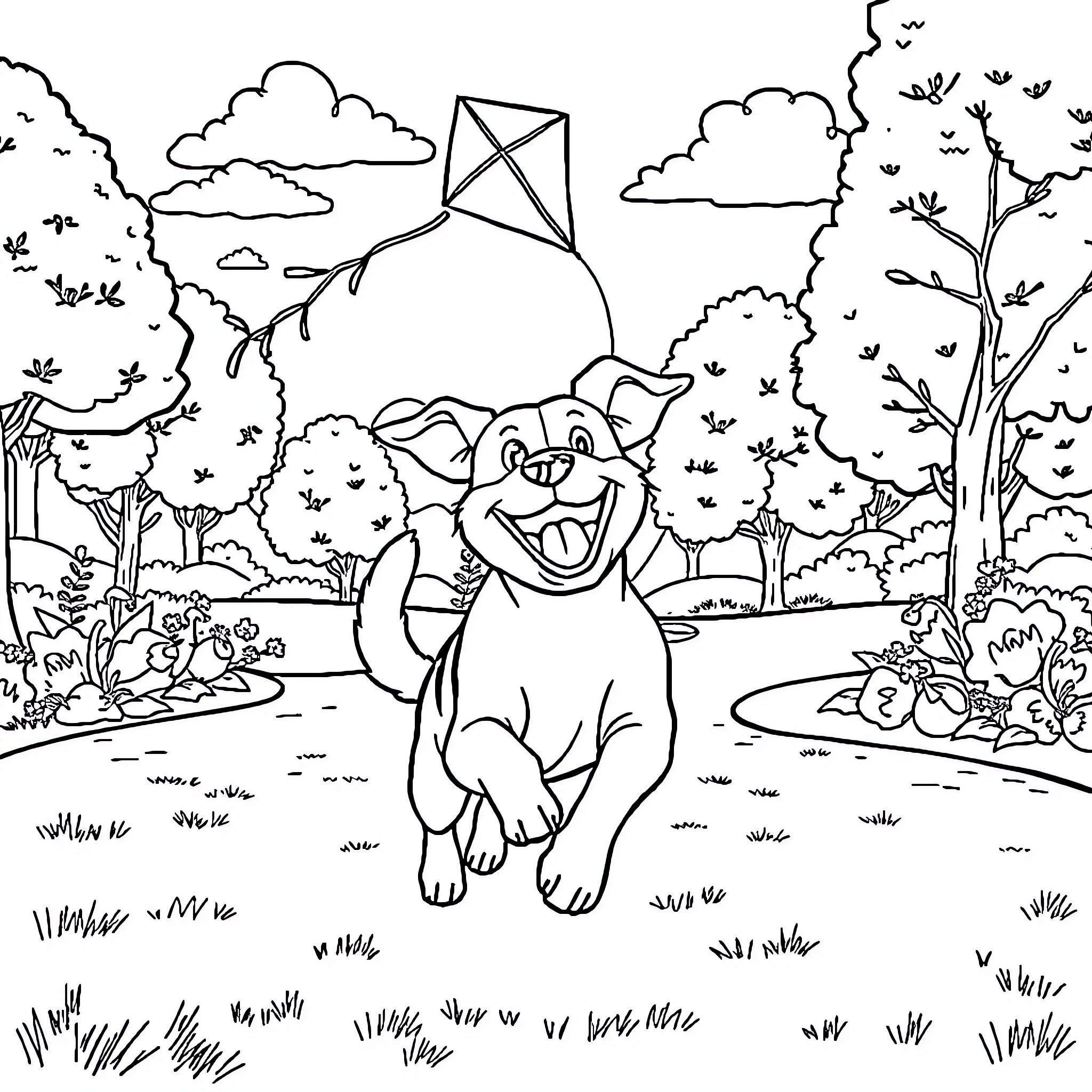Dog playing joyfully with kite in outdoor scene Coloring Page (free black-and-white line drawing printable PDF for all, from beginners to advanced learners, including children, teens, adults, and seniors)
