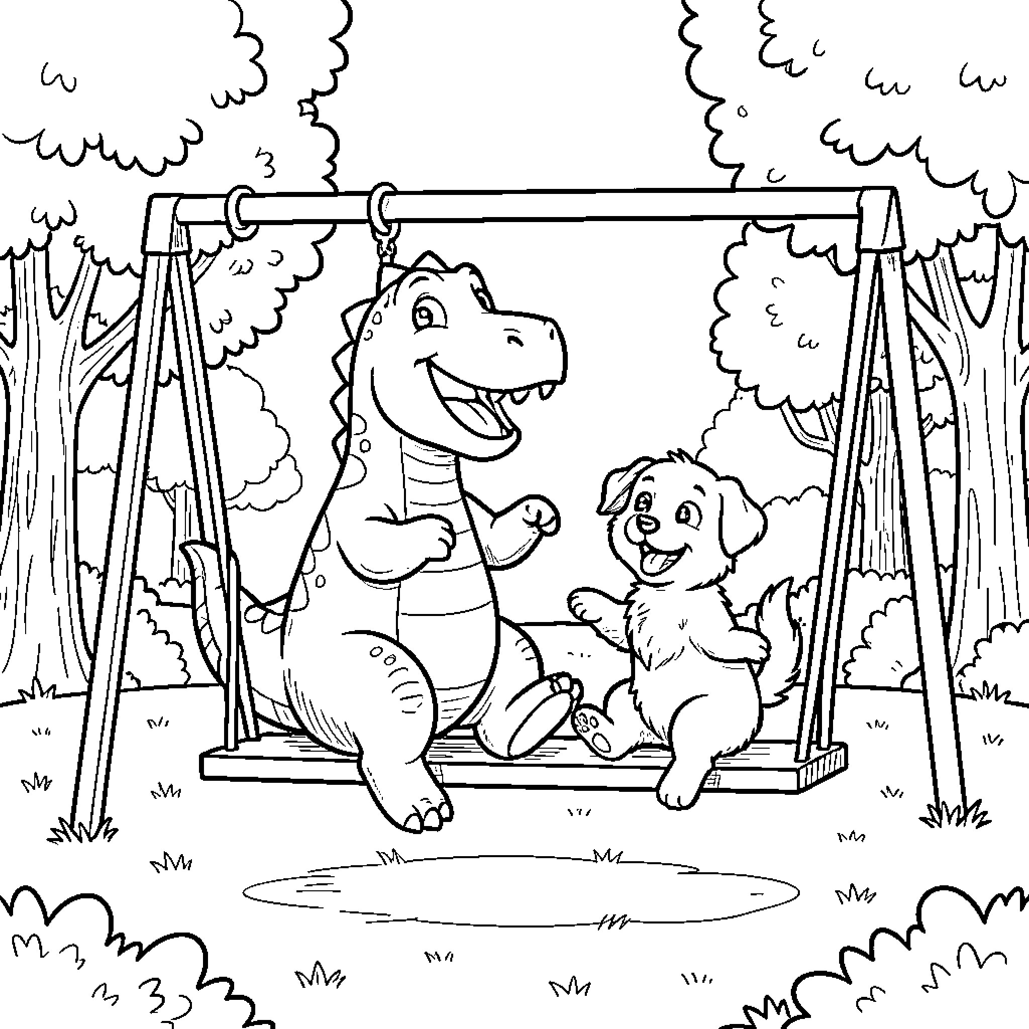 Dinosaur and puppy swinging happily together on a swing set Coloring Page (free black-and-white line drawing printable PDF for all, from beginners to advanced learners, including children, teens, adults, and seniors)
