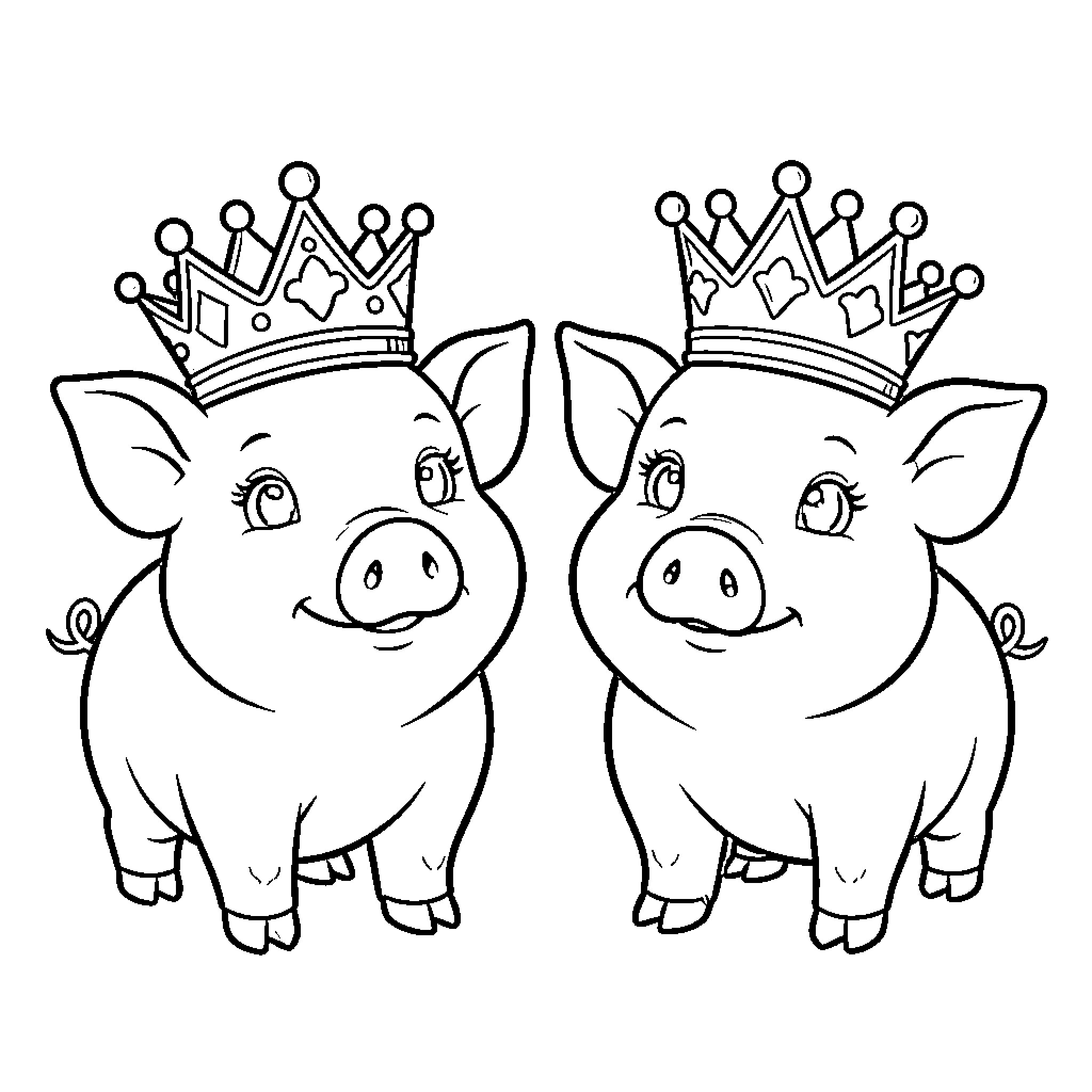 Piglet twins wearing crowns and smiling happily Coloring Page (free black-and-white line drawing printable PDF for all, from beginners to advanced learners, including children, teens, adults, and seniors)