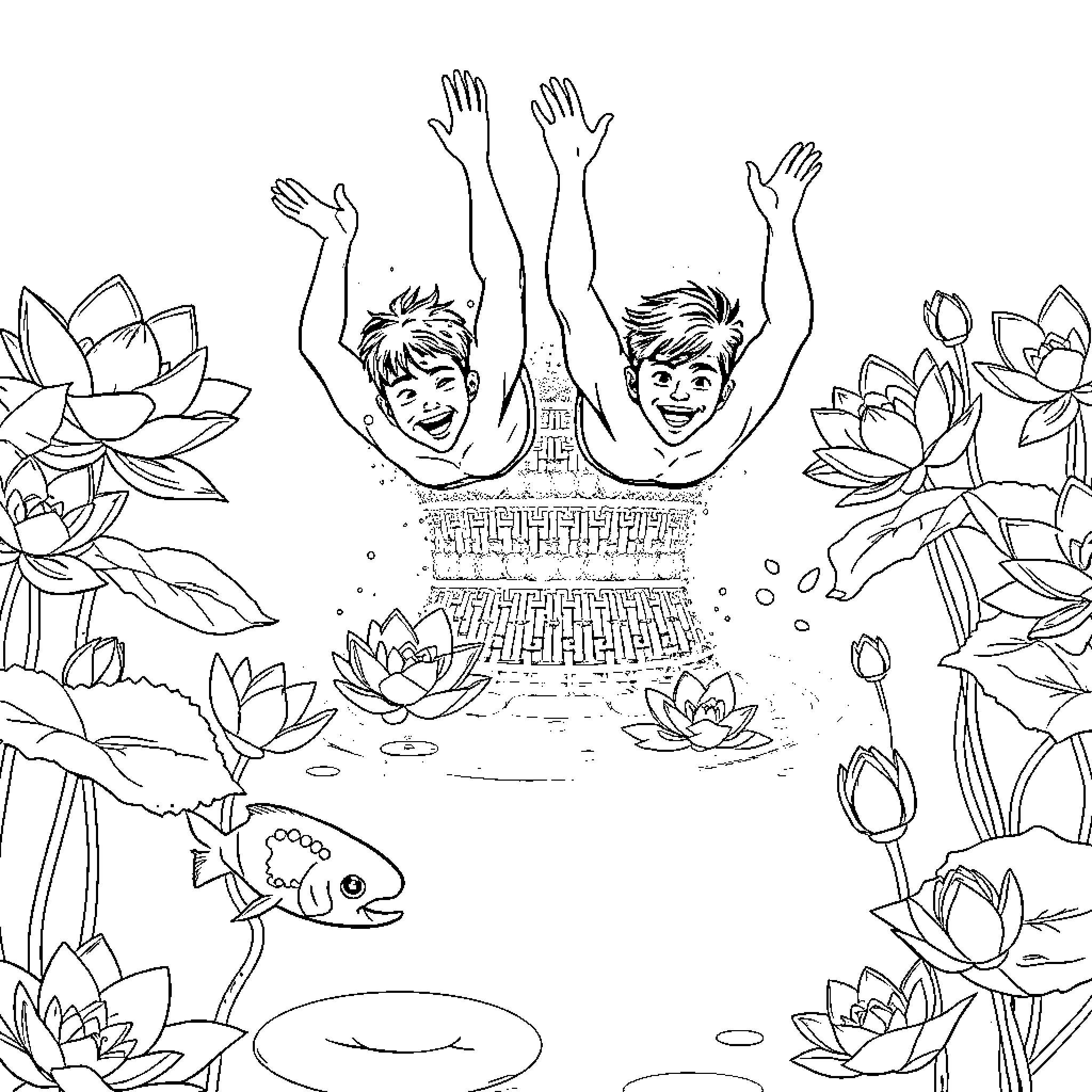 Guy swimming happily in a pond with lotus flowers Coloring Page (free black-and-white line drawing printable PDF for all, from beginners to advanced learners, including children, teens, adults, and seniors)