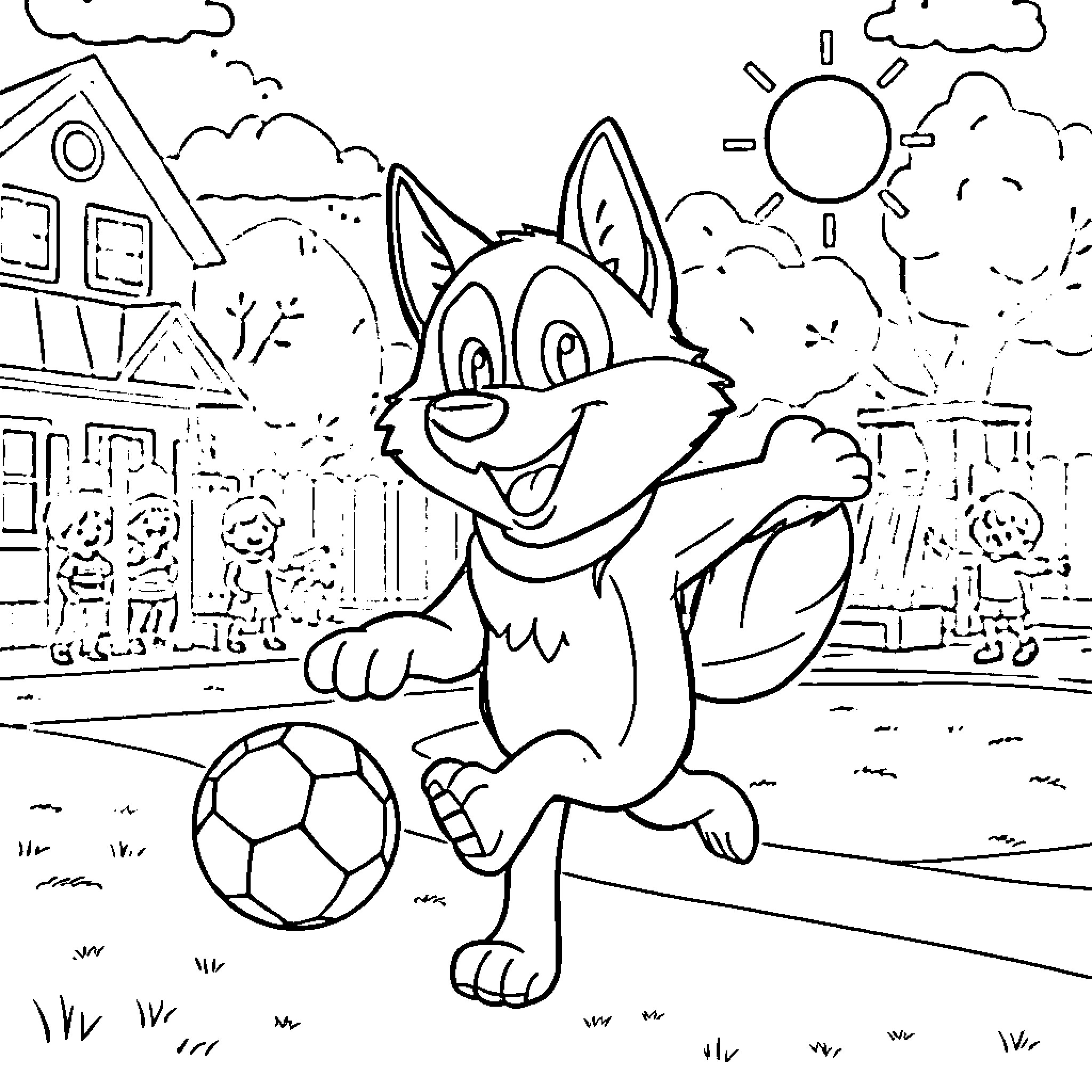 Husky playing joyfully with soccer ball in the yard Coloring Page (free black-and-white line drawing printable PDF for all, from beginners to advanced learners, including children, teens, adults, and seniors)
