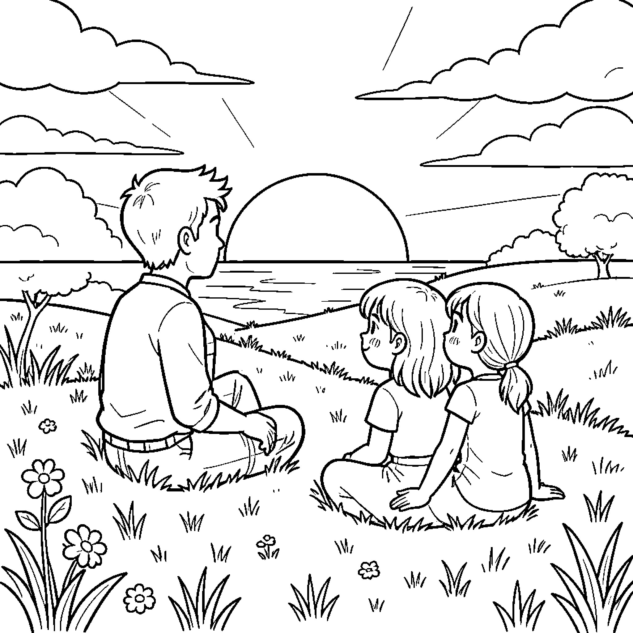 Man and two children watching the sunset together Coloring Page (free black-and-white line drawing printable PDF for all, from beginners to advanced learners, including children, teens, adults, and seniors)