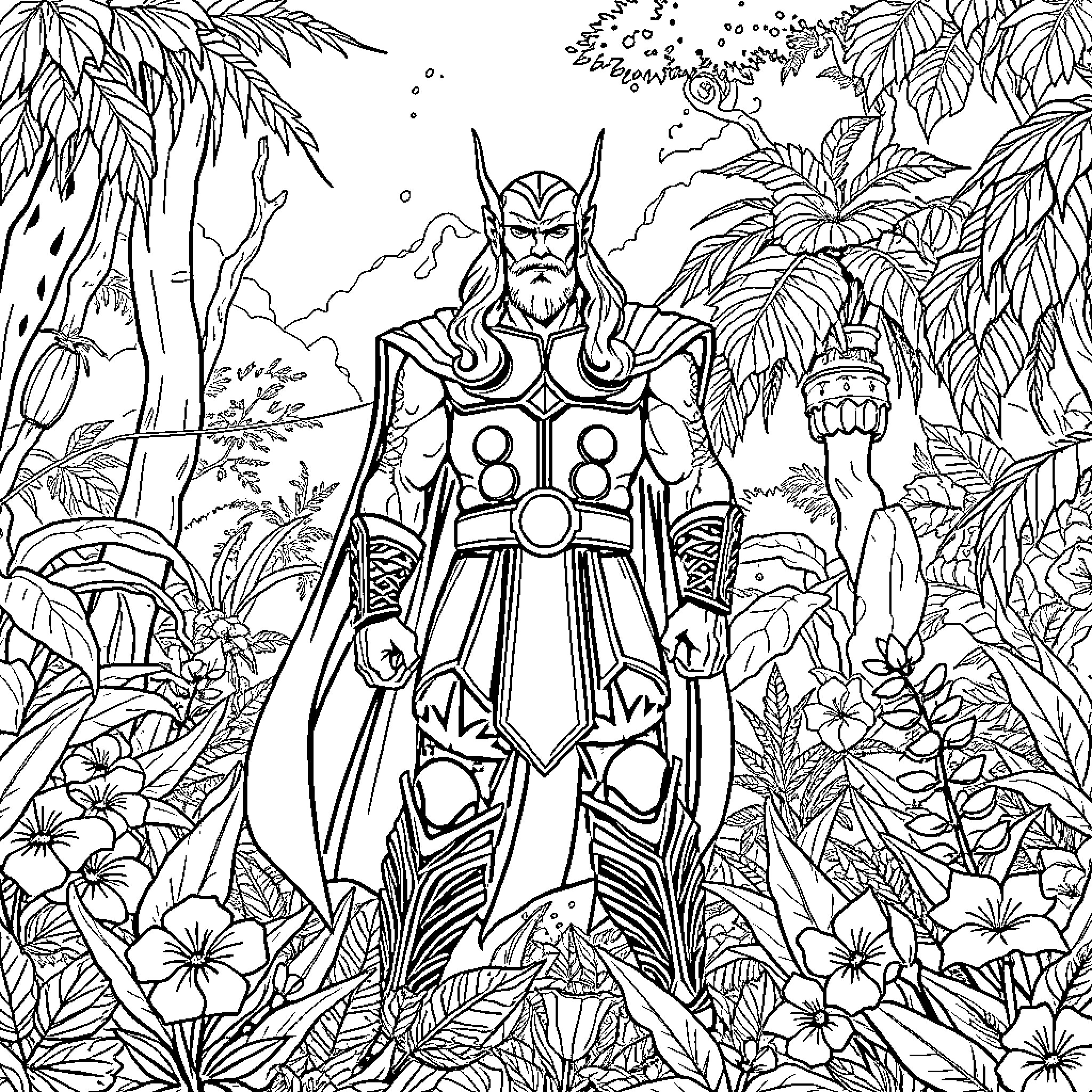 Thor Battles Mystical Creatures in Enchanted Forest Coloring Page (free black-and-white line drawing printable PDF for all, from beginners to advanced learners, including children, teens, adults, and seniors)