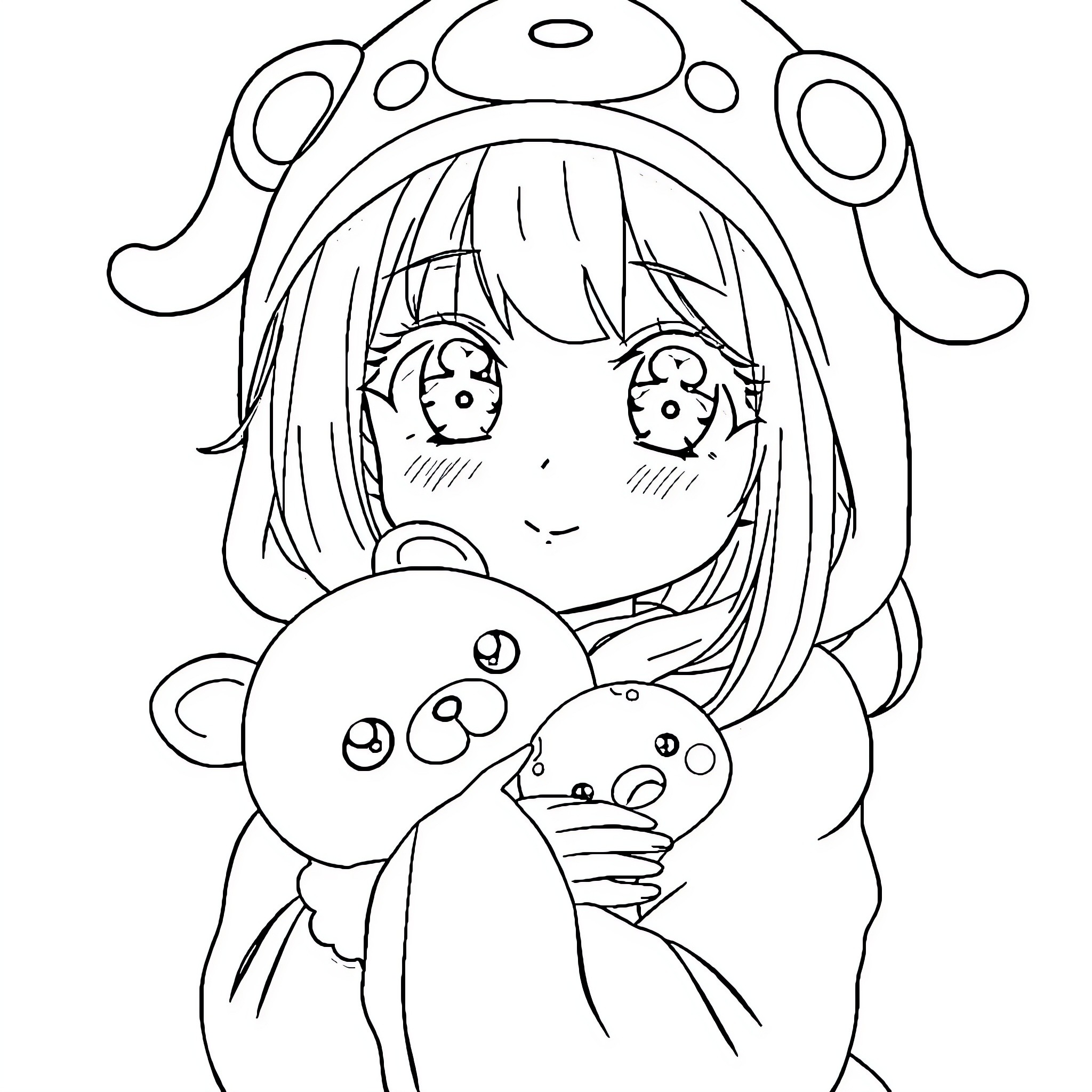 Kuromi holding cute plush toys with big eyes Coloring Page (free black-and-white line drawing printable PDF for all, from beginners to advanced learners, including children, teens, adults, and seniors)