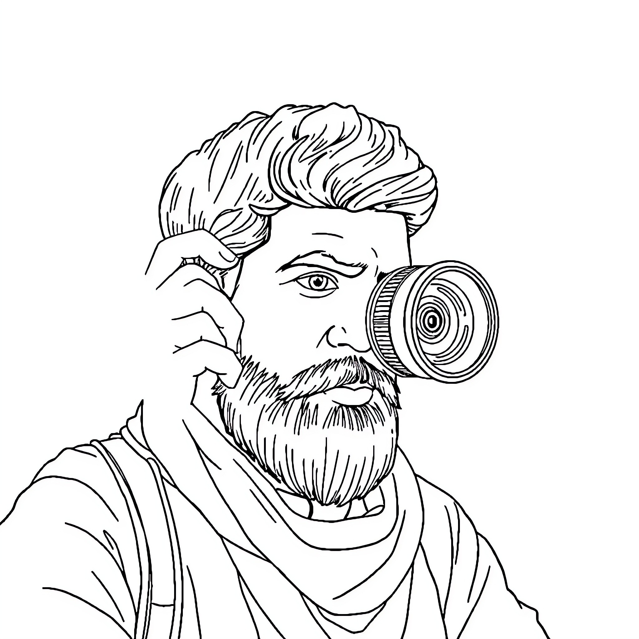 Human man examining with camera lens Coloring Page (free black-and-white line drawing printable PDF for all, from beginners to advanced learners, including children, teens, adults, and seniors)