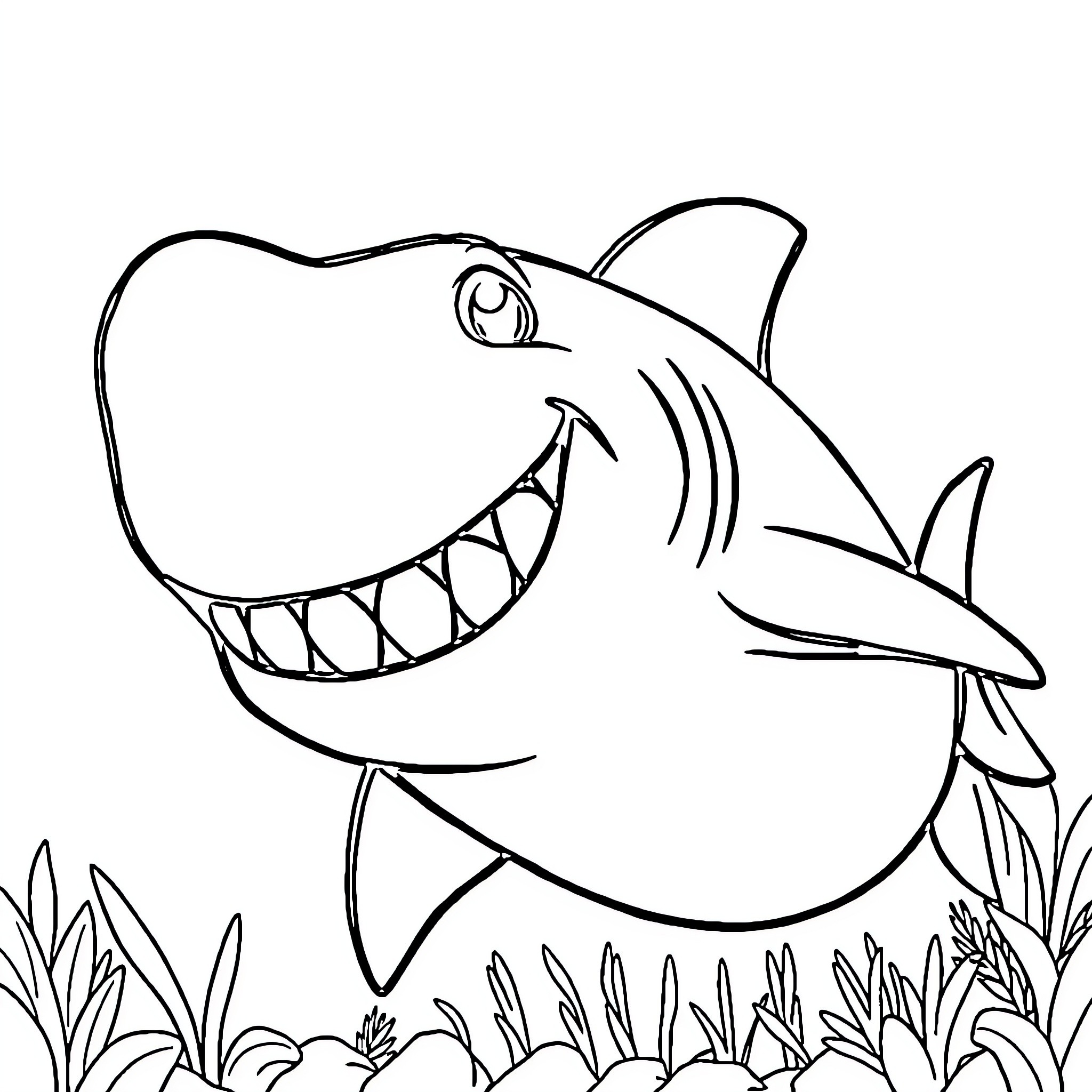 Jeff's Fearsome Shark Emerges from the Undergrowth Coloring Page (free black-and-white line drawing printable PDF for all, from beginners to advanced learners, including children, teens, adults, and seniors)