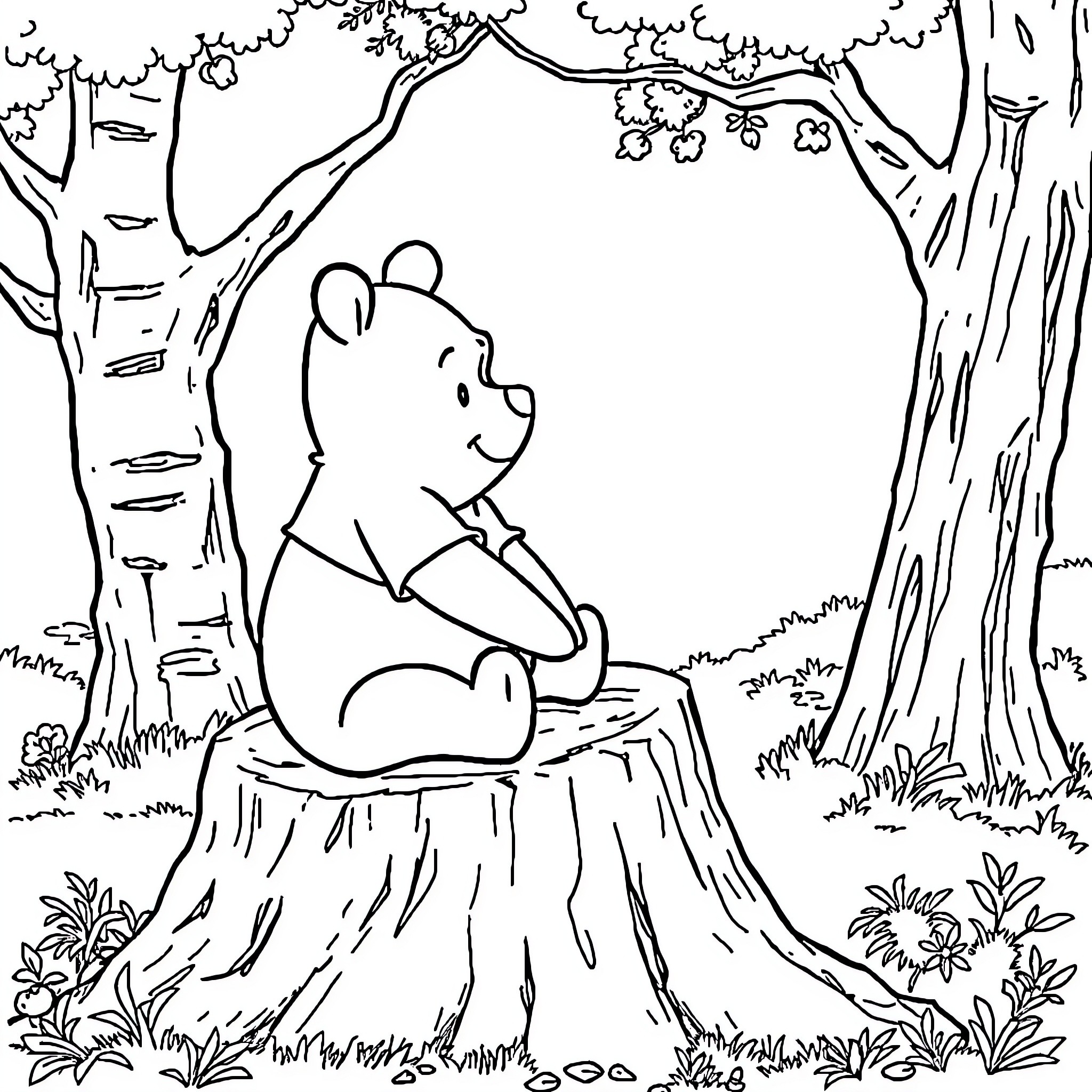 Winnie The Pooh sitting peacefully in the forest Coloring Page (free black-and-white line drawing printable PDF for all, from beginners to advanced learners, including children, teens, adults, and seniors)