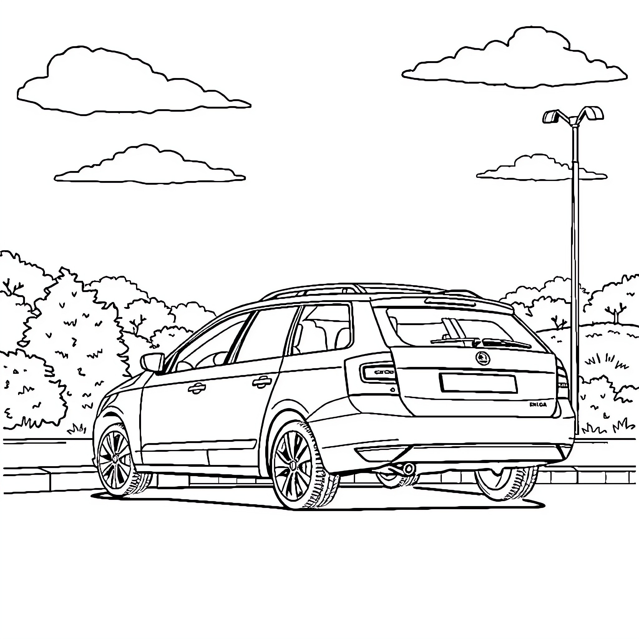 Skoda car on the road with nature scenery Coloring Page (free black-and-white line drawing printable PDF for all, from beginners to advanced learners, including children, teens, adults, and seniors)