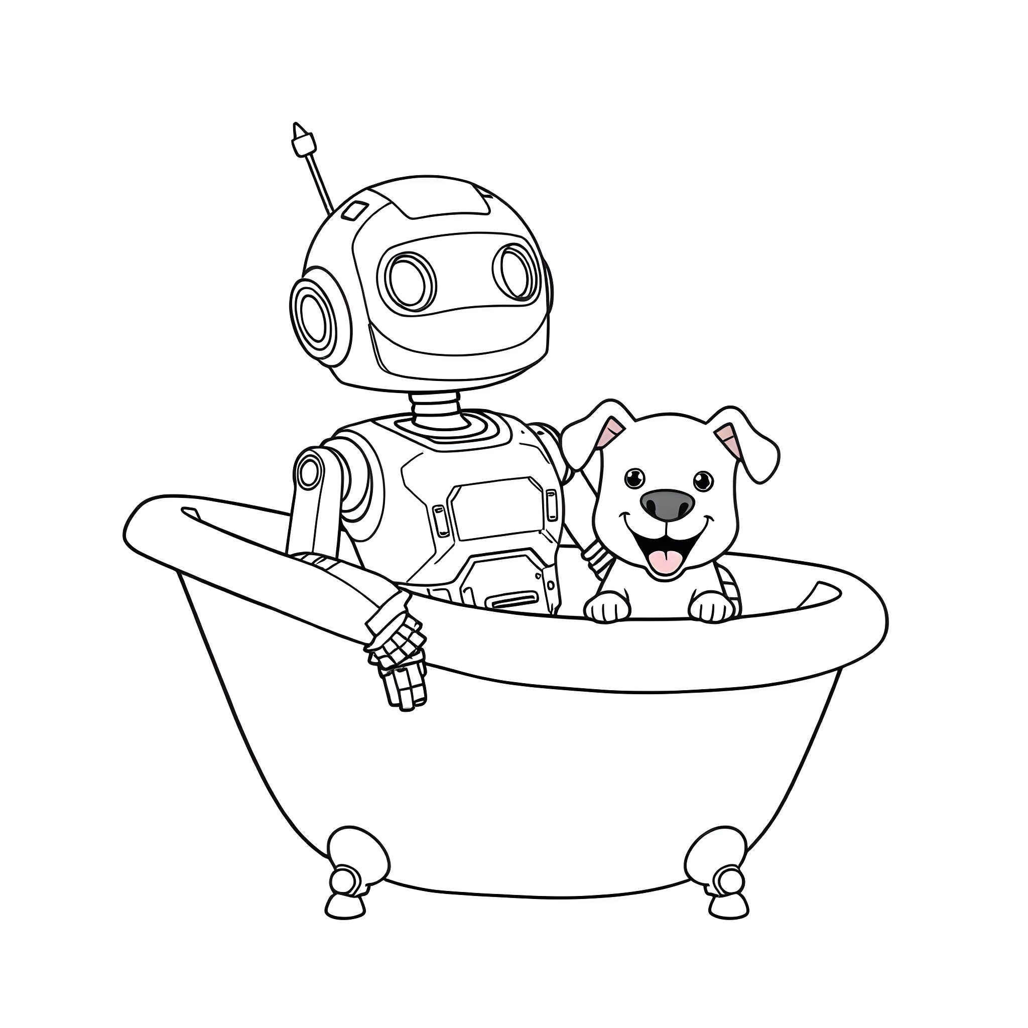 Robot and Puppy in a Bathtub Coloring Page (free black-and-white line drawing printable PDF for all, from beginners to advanced learners, including children, teens, adults, and seniors)