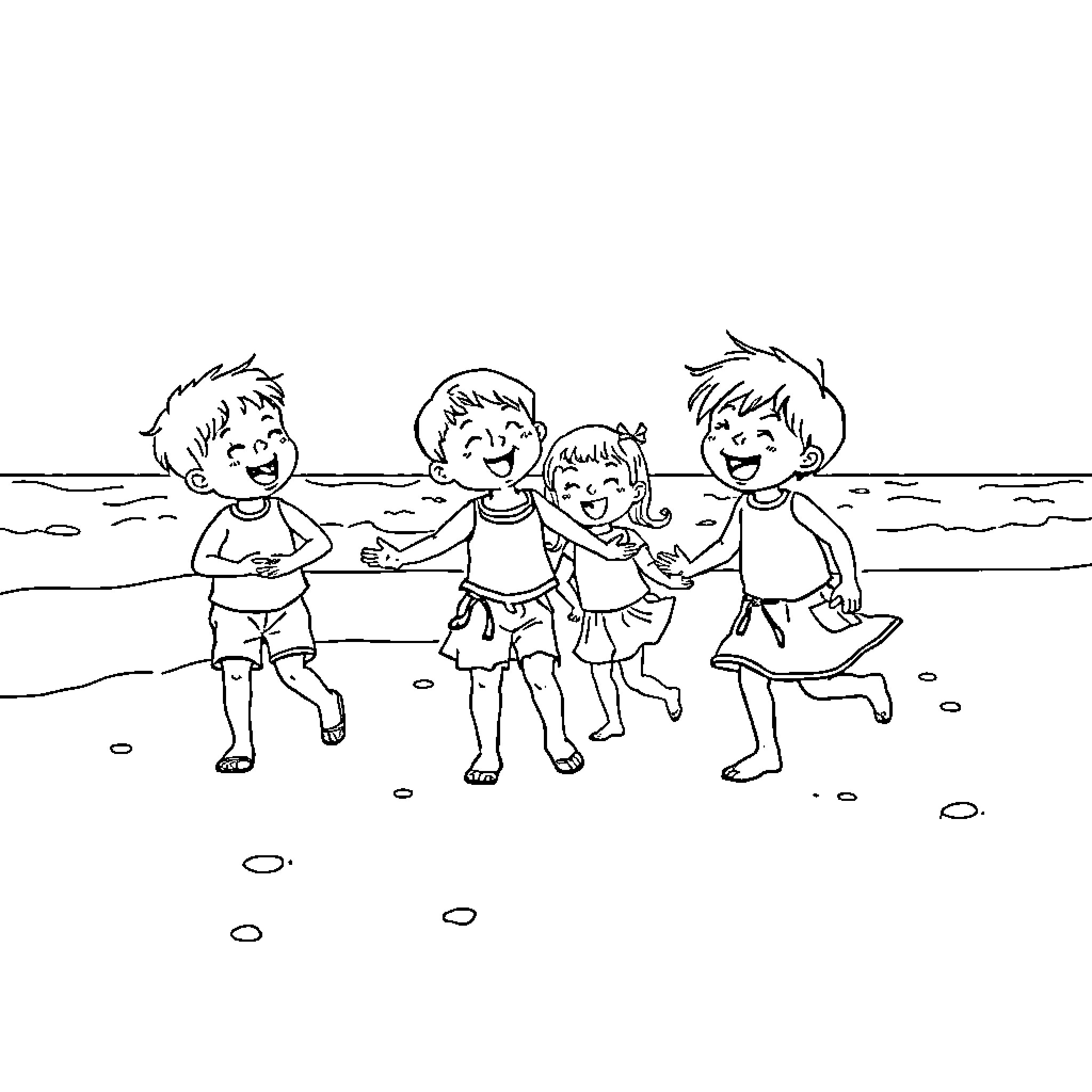 Tralalero children playing joyfully on the beach Coloring Page (free black-and-white line drawing printable PDF for all, from beginners to advanced learners, including children, teens, adults, and seniors)