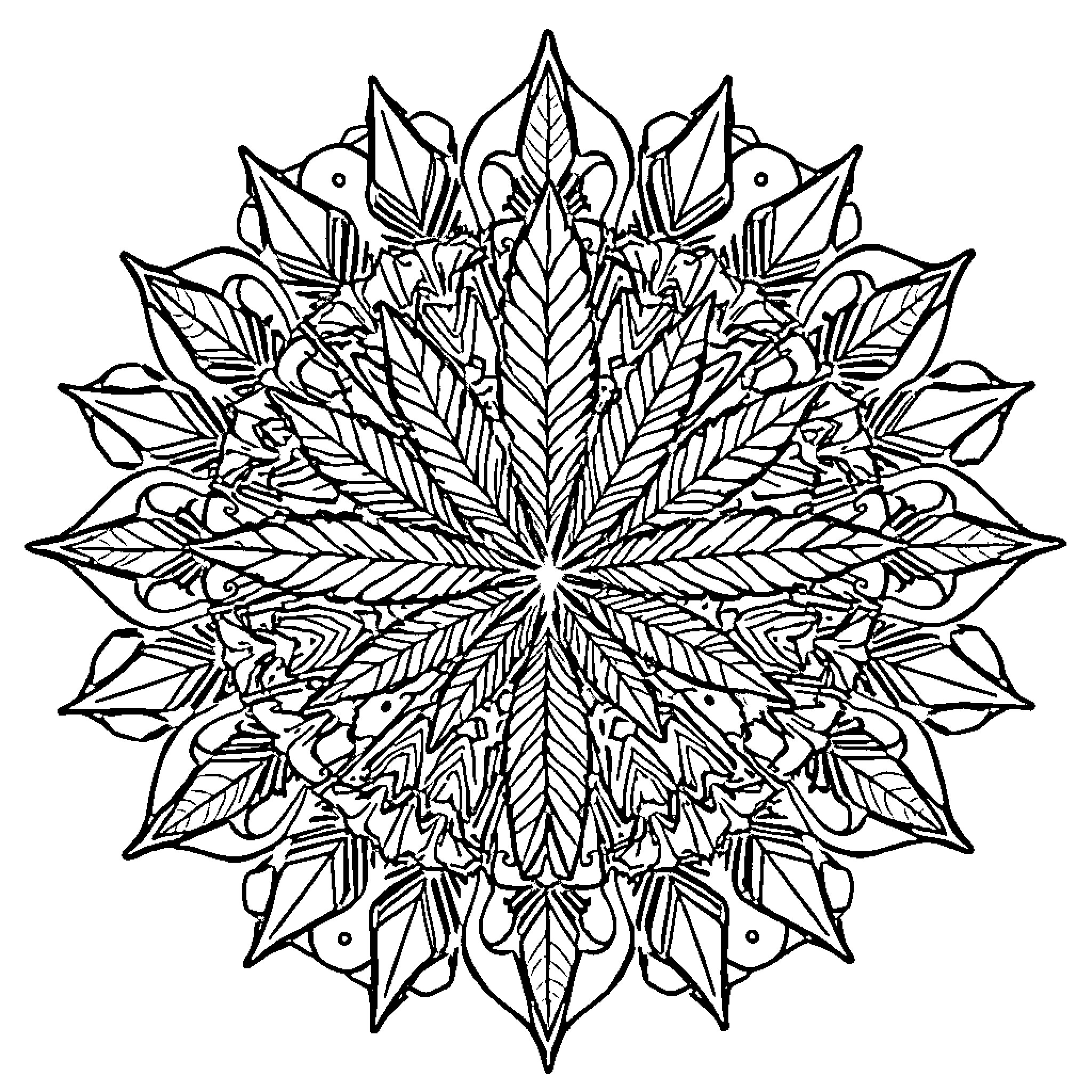 Mandala of intricate leaf patterns and symmetry Coloring Page (free black-and-white line drawing printable PDF for all, from beginners to advanced learners, including children, teens, adults, and seniors)