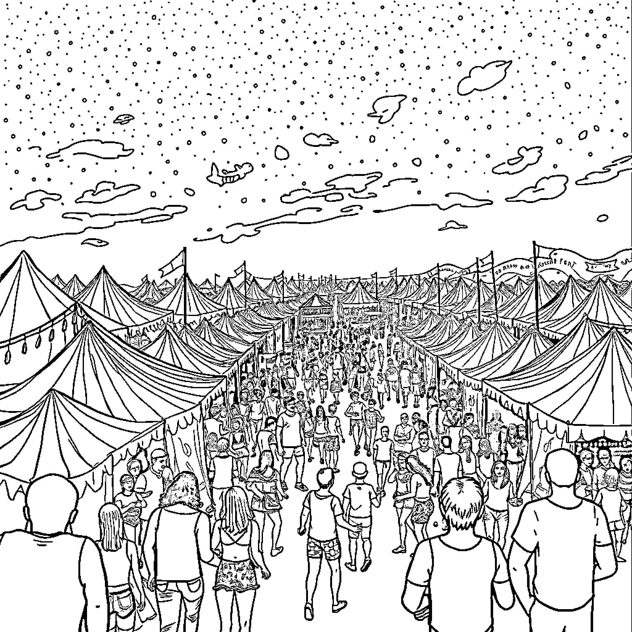 Festival of crowds and tents in the starry night Coloring Page (free black-and-white line drawing printable PDF for all, from beginners to advanced learners, including children, teens, adults, and seniors)